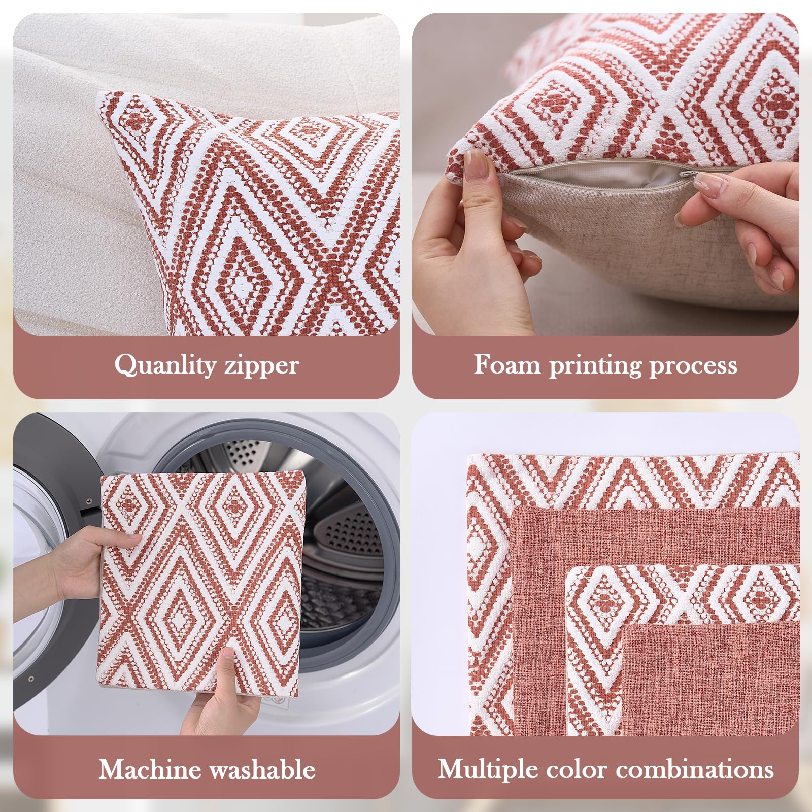 Hpuk Decorative Throw Pillow Covers Set Of 4 Geometric Design Linen Cushion Cover For Couch Sofa Living Room, 20'X20' Inches, Coral
