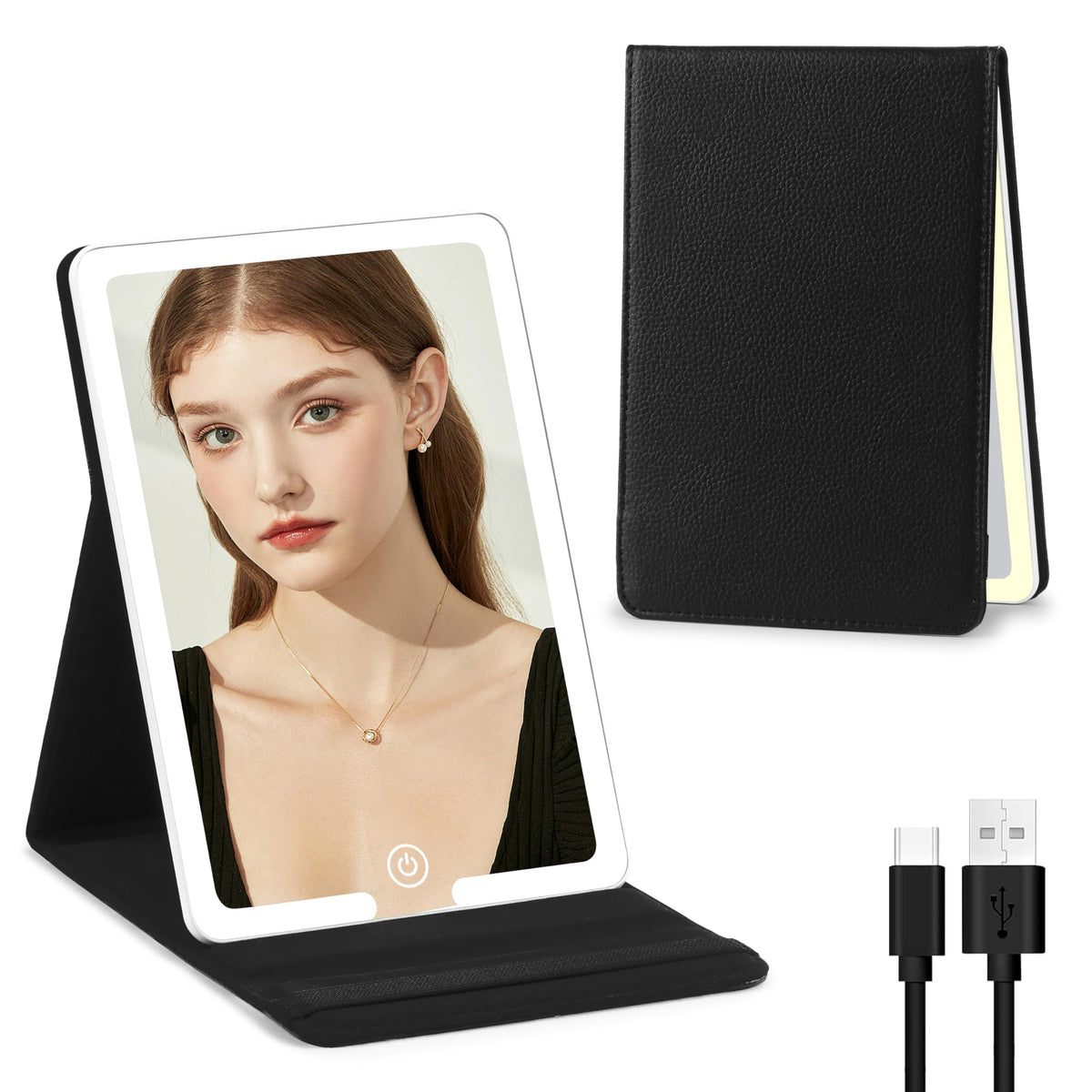 Jadazror Travel Makeup Mirror with Lights, PU Cover Travel Mirror with 3 Light Settings, Rechargeable 1500mAh Lighted Makeup Mir