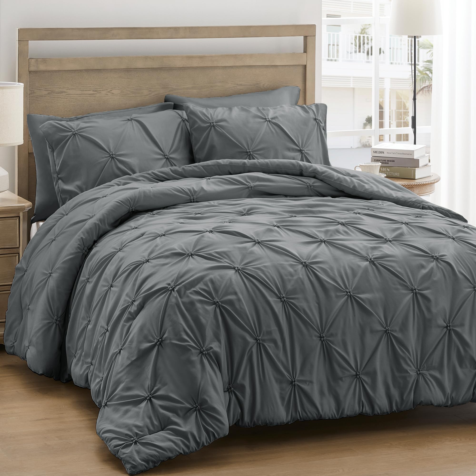 Unikome King Size Comforter Set Dark Gray - Soft Fluffy Pintuck Down Alternative Bedding Set For All Seasons, 3 Pieces Pinch Ple