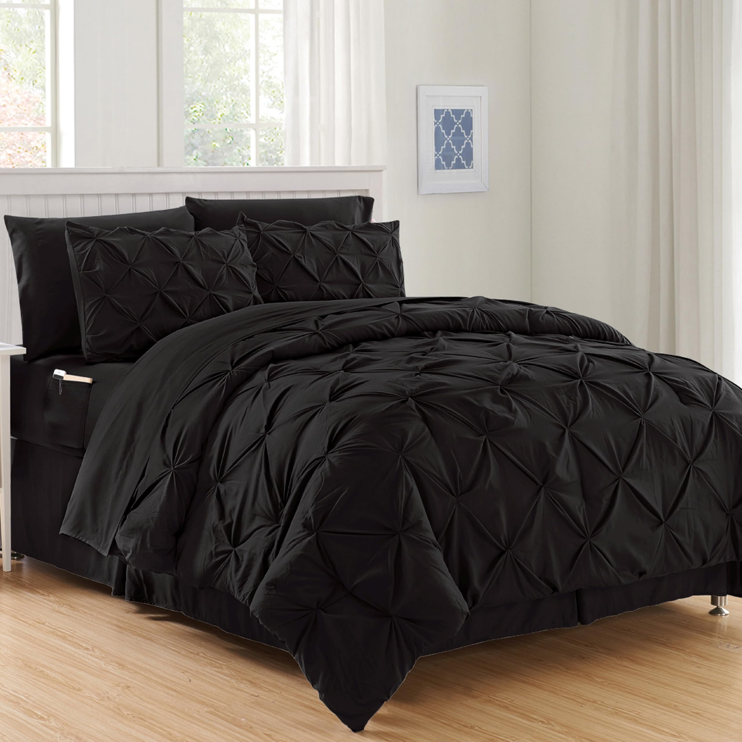 Elegant Comfort Luxury Best, Softest, Coziest 8-Piece Bed-In-A-Bag Comforter Set On Amazon Silky Soft Complete Set Includes Bed Sheet With Double Sided Storage Pockets, King/Cal King, Black