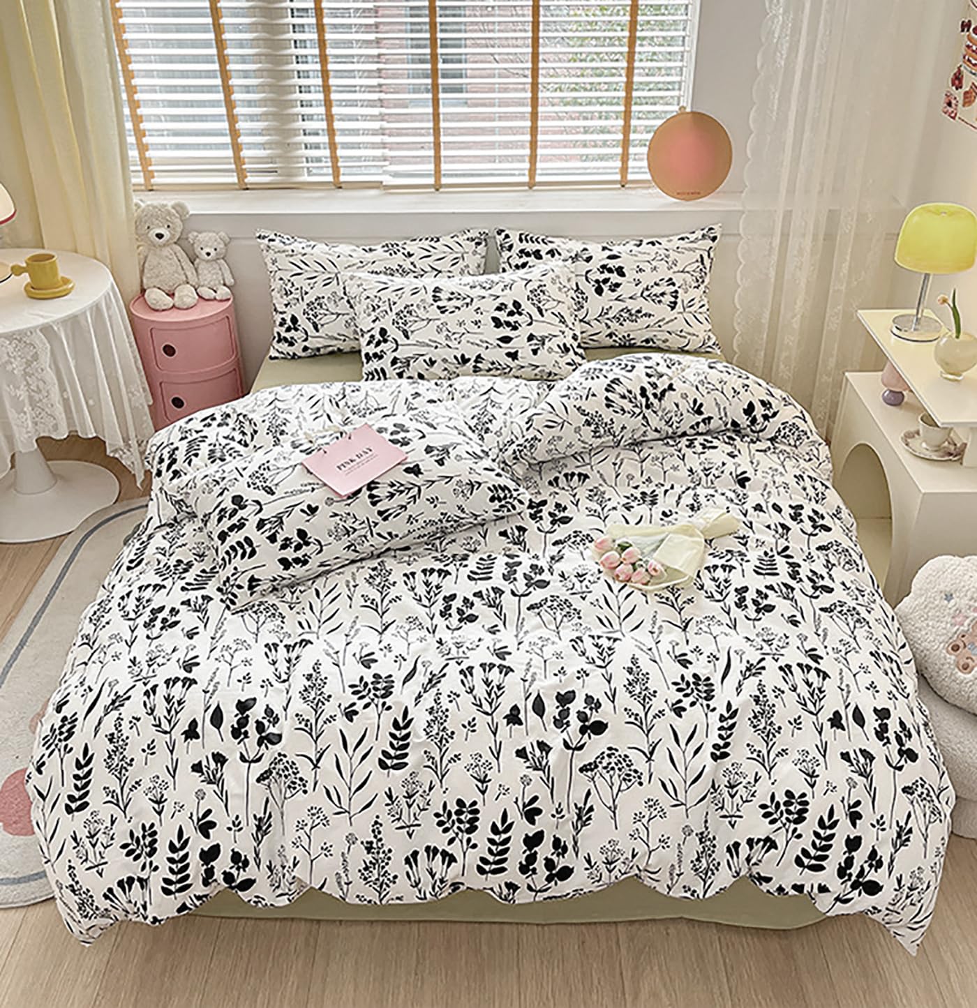 Karever Black Botanical Comforter Set Twin White Black Floral Plant Bedding Comforter Set Girls Garden Pattern Printed On White