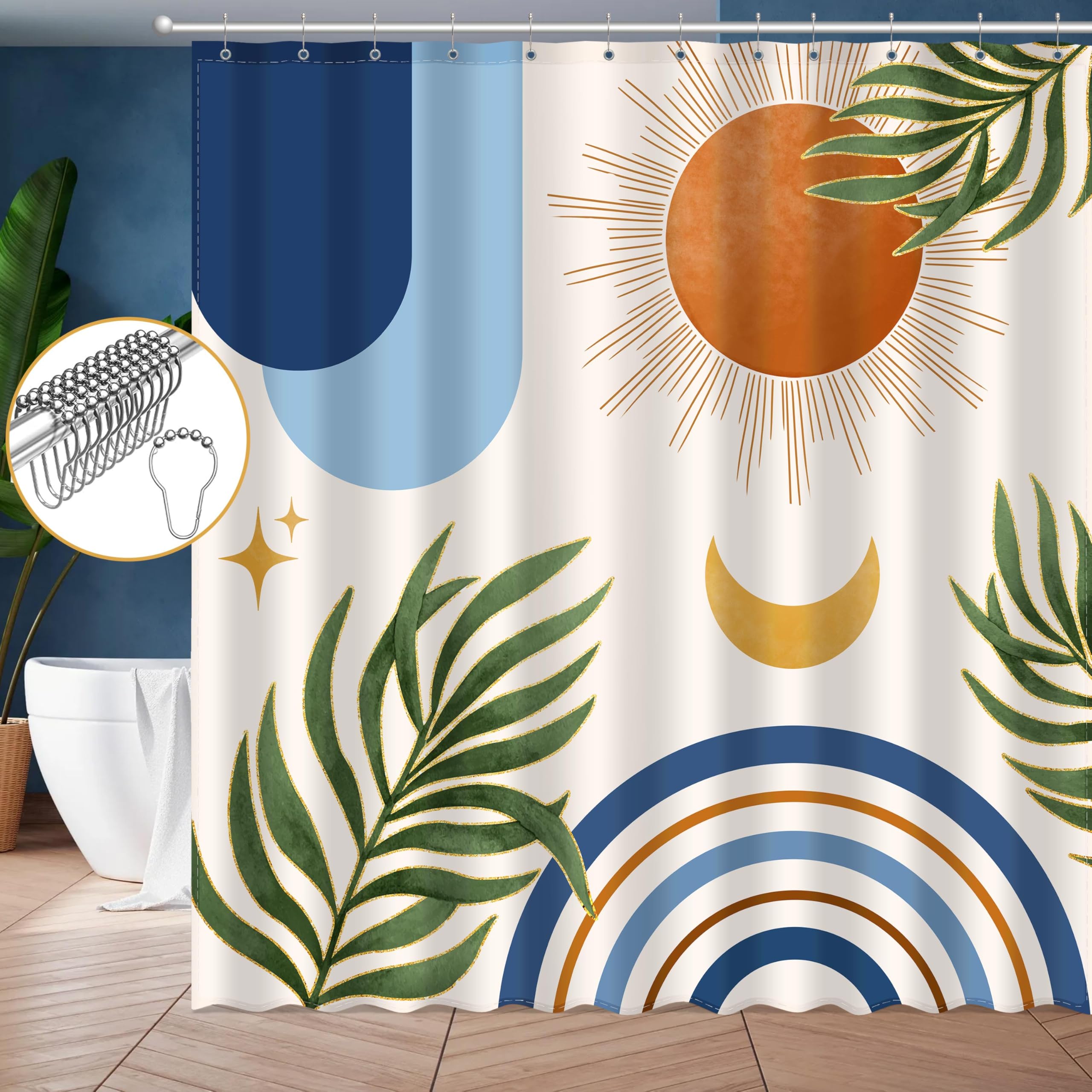 Jwxcbim Boho Mid Century Shower Curtain, Bohemian Blue Minimalist Simple Aesthetic Modern Bathroom Decor, Colorful Rainbow Sun M