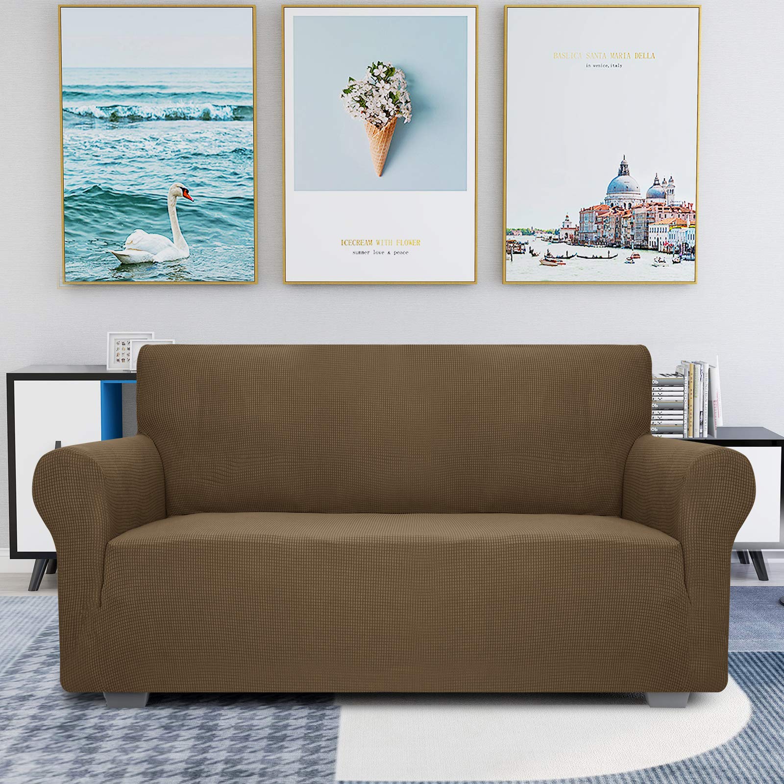 Jiviner High Stretch 1-Piece Jacquard Small Checks Couch Covers For 2 Cushion Couch Anti Slip Love Seat Sofa Covers Loveseat Slipcovers Protector For Kids Pets (Loveseat, Brown)