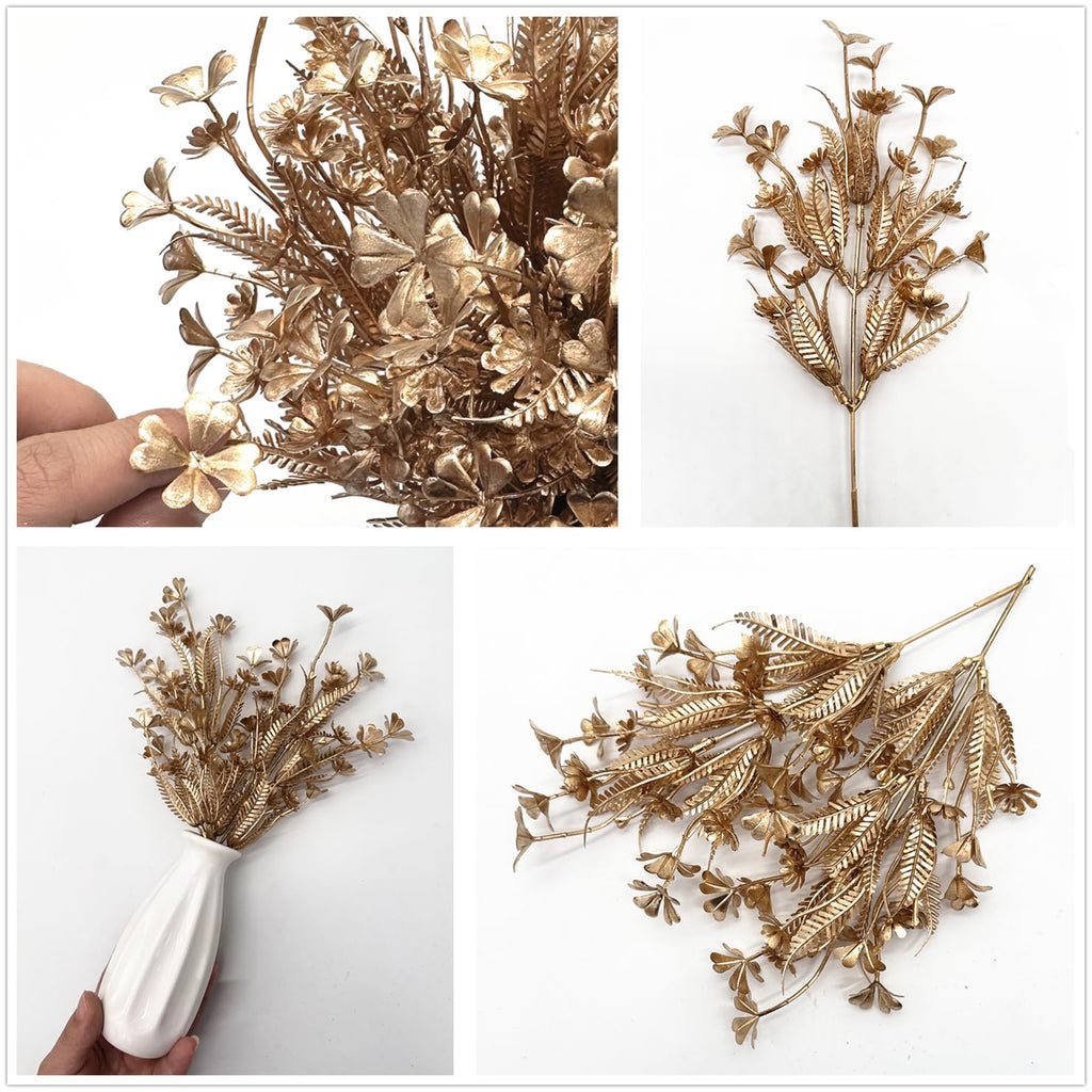 Gold Fake Flowers Artificial Shrubs For Christmas Decor, Plastic Plants Faux Leaves Stems Grass Foliage Home Wreath Ornaments Pa
