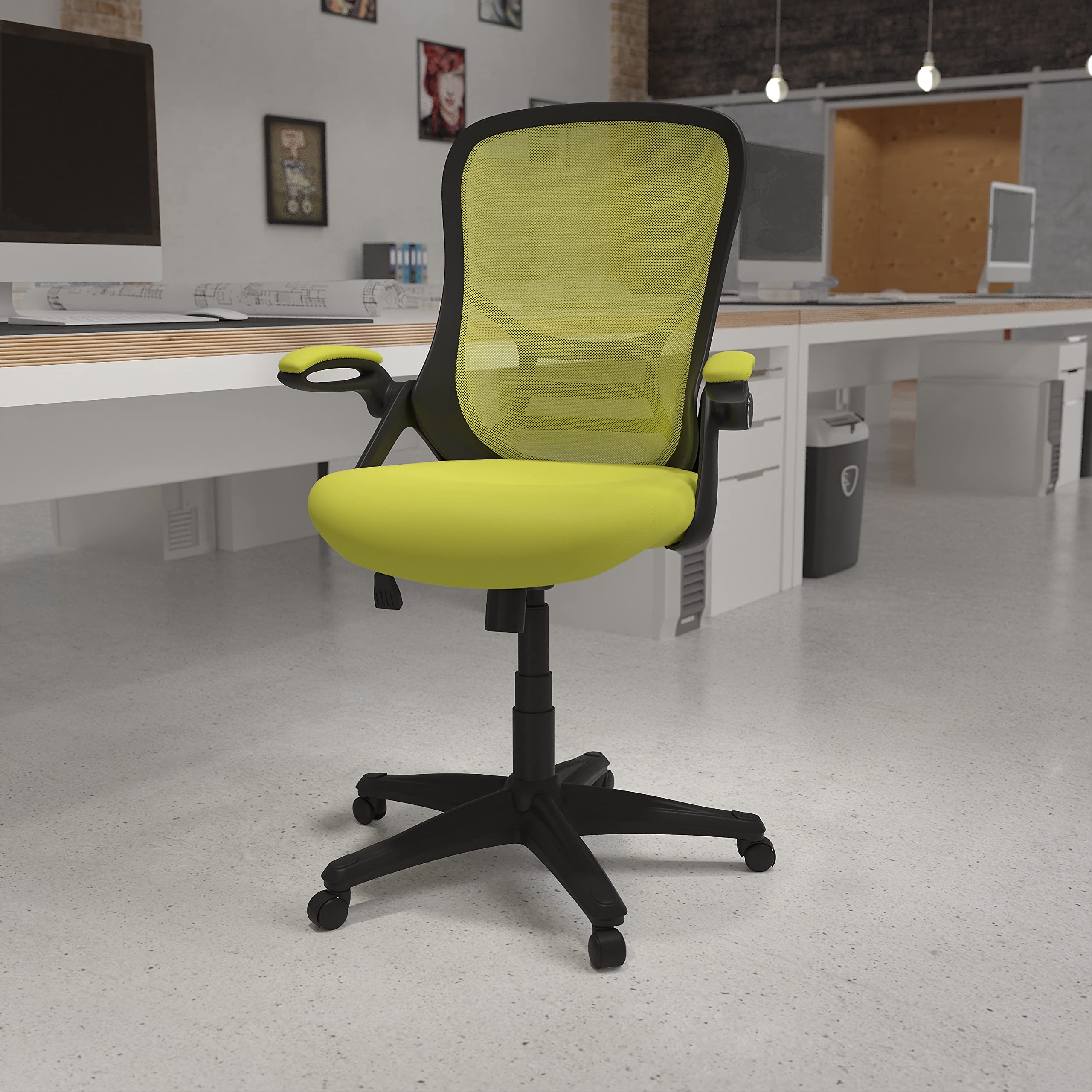 Flash Furniture Porter Mesh High Back Ergonomic Swivel Office Chair With Lumbar Support, Flip-Up Arms, Tilt Lock/Tilt Tension, Height Adjustable, Black/Green Frame