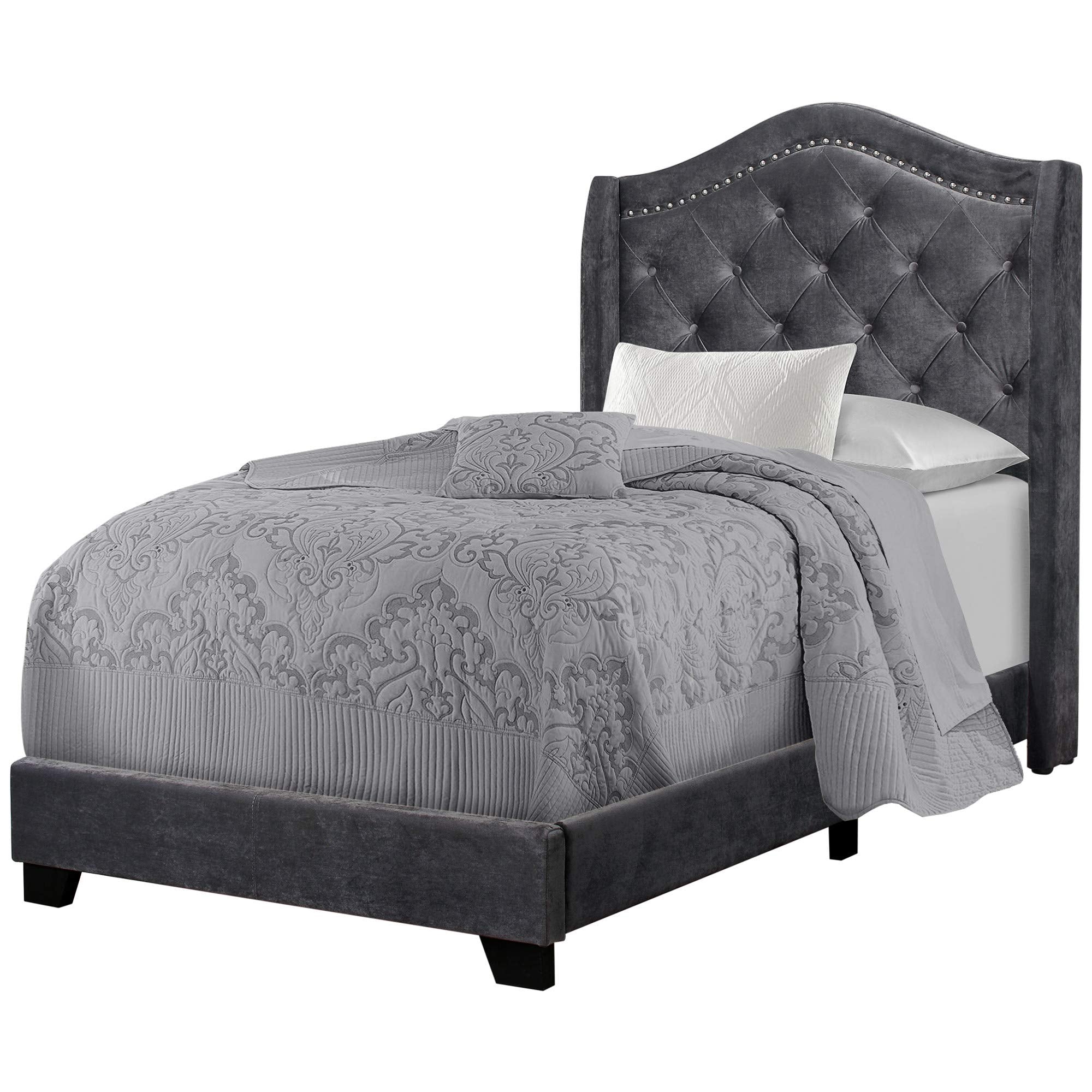 Monarch Specialties I Size/Dark Grey Velvet with Chrome Trim Twin Bed, Double,