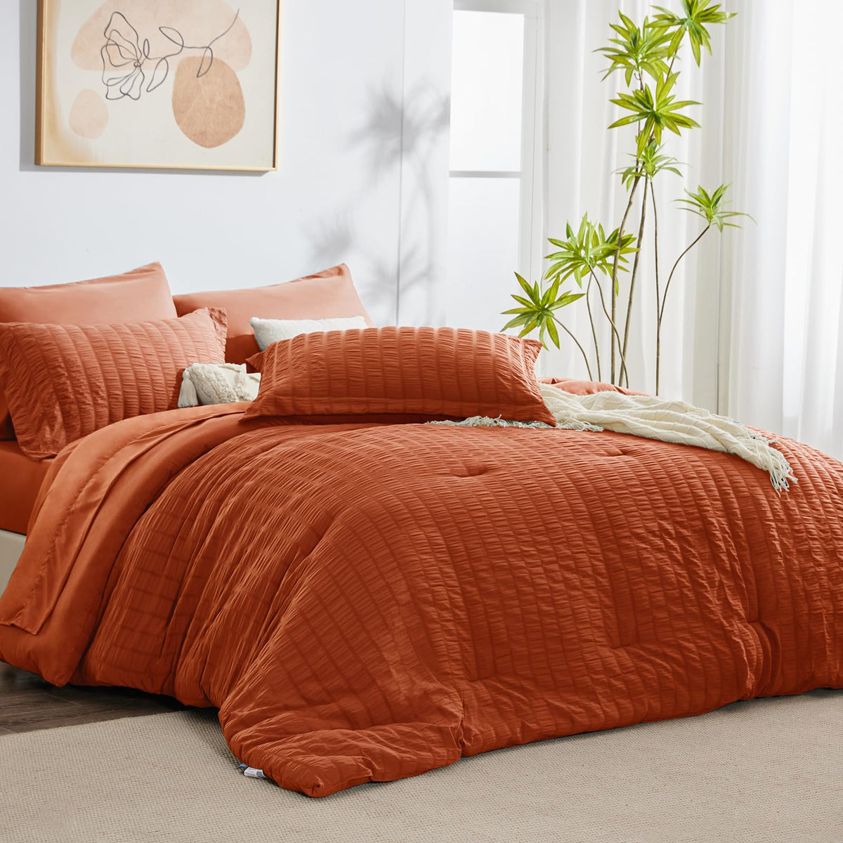 Cozylux King Seersucker Comforter Set With Sheets Burnt Orange Bed In A Bag 7-Pieces All Season Bedding Sets With Comforter, Pillow Sham, Flat Sheet, Fitted Sheet, Pillowcase