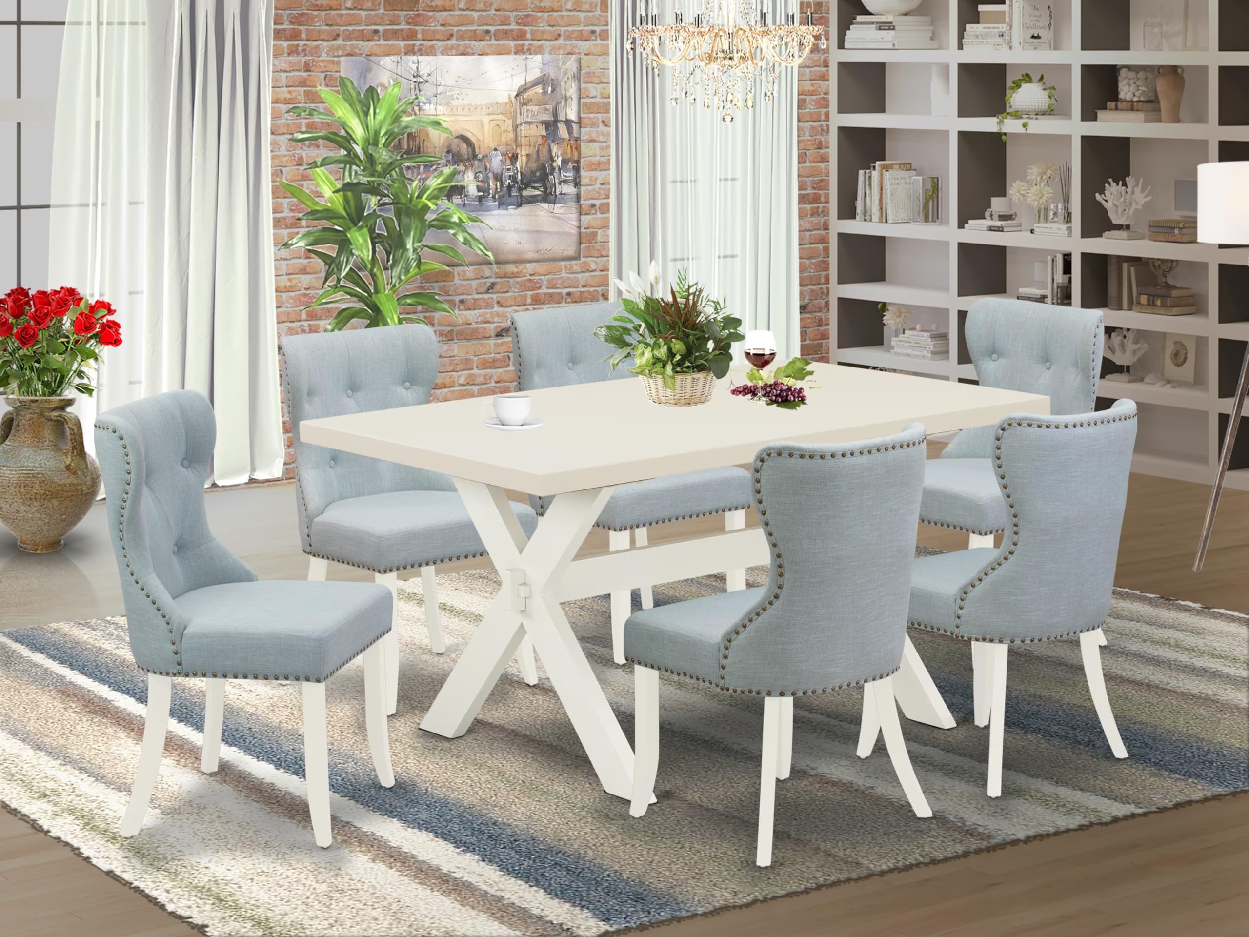 East West Furniture X026Si215-7 7 Piece Dinette Set Consist Of A Rectangle Dining Table With X-Legs And 6 Baby Blue Linen Fabric Parson Dining Room Chairs, 36X60 Inch, Multi-Color