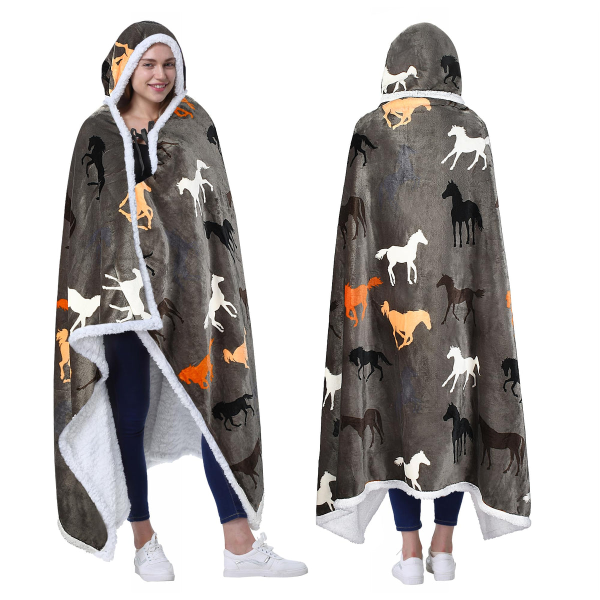 Catalonia Hooded Blanket Poncho | Wearable Blanket Wrap With Hand Pockets | Comfy Sherpa Fleece Throw Cape For Kids And Adults,