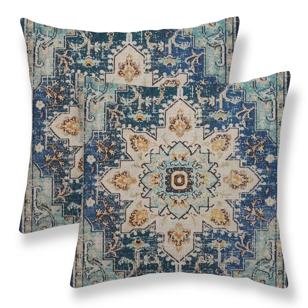 Boho Pillow Covers 16X16 Set Of 2, Light Blue Beige Carpet Pattern Outdoor Decorative Throw Pillows Vintage Linen Ethnic Rustic