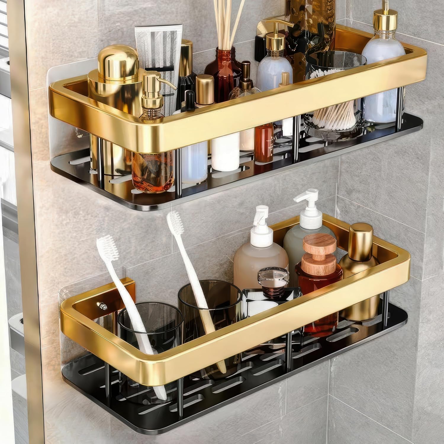 Devano 2 Pack Self Adhesive Bathroom Shelf For Wall, Bathroom Organiser Without Drill, Kitchen Sink Organiser, Rust Resistant Wa