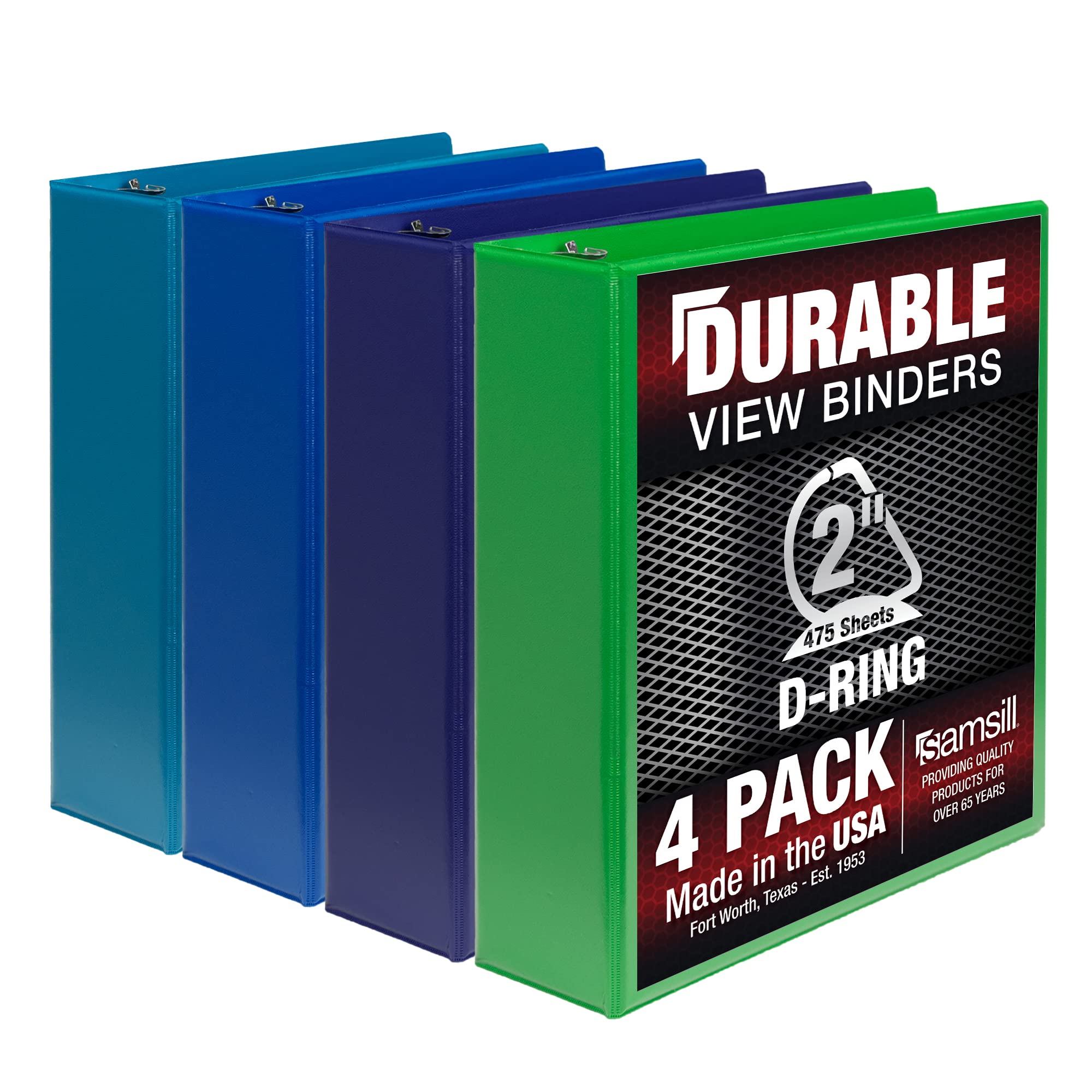 Samsill Durable 2 Inch Binder, Made In The Usa, D Ring Binder, Customizable Clear View Binder, Marine Assortment, 4 Pack, Each H