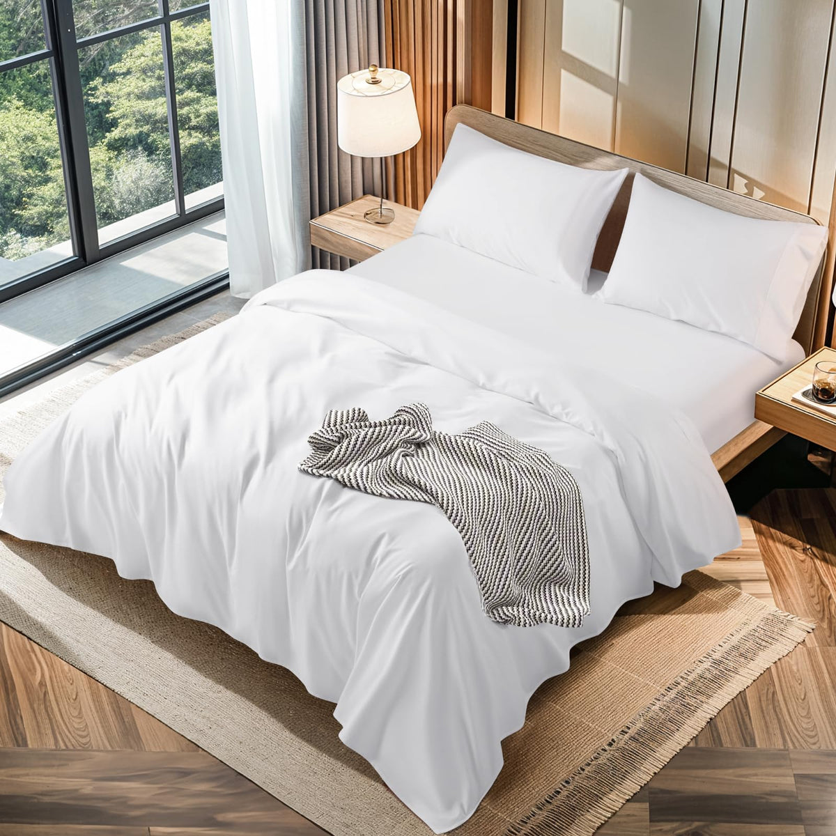 Lbro2M 100% Cotton 1200 Thread Count King Size Sheets Set,16 Inches Deep Pocket,Bed Sheet 4 Piece Sets (White, King)