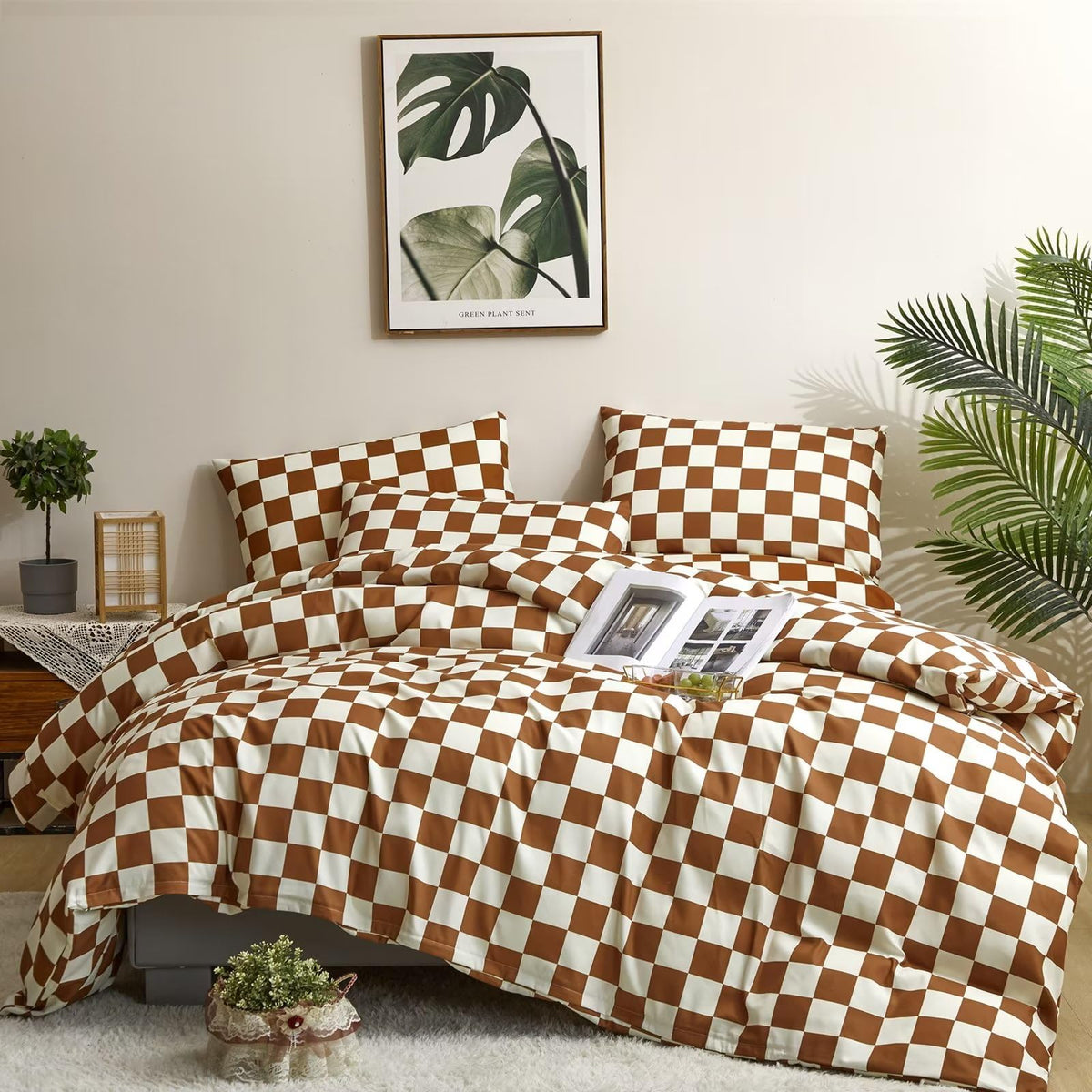Houseri Brown And White Plaid Comforter Set Full Caramel Brown Grid Bedding Comforter Full Size Teen Boys Checkerboard Comforter