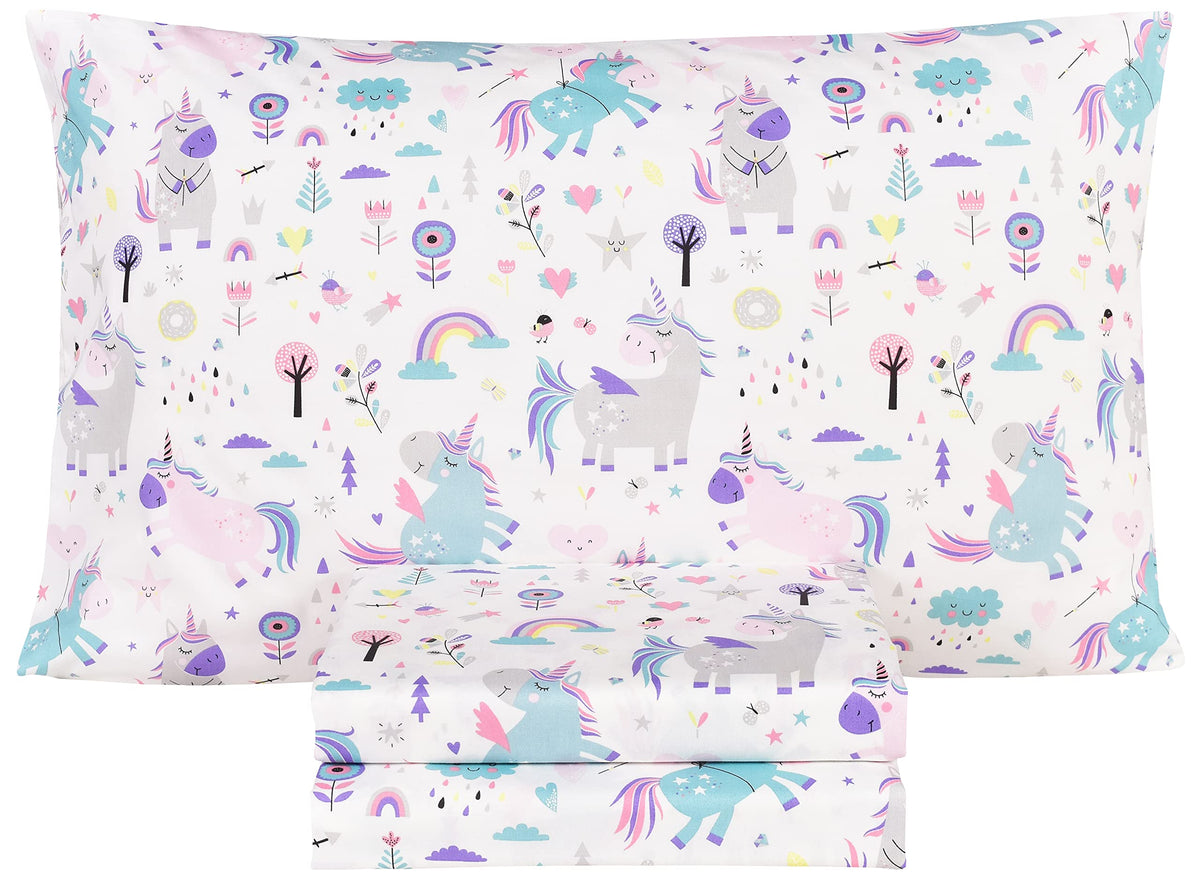 Scientific Sleep Cute Unicorn Flower Rainbow 100% Cotton Cozy Twin Bed Sheet Set, Flat Sheet & Fitted Sheet & Pillowcase Natural