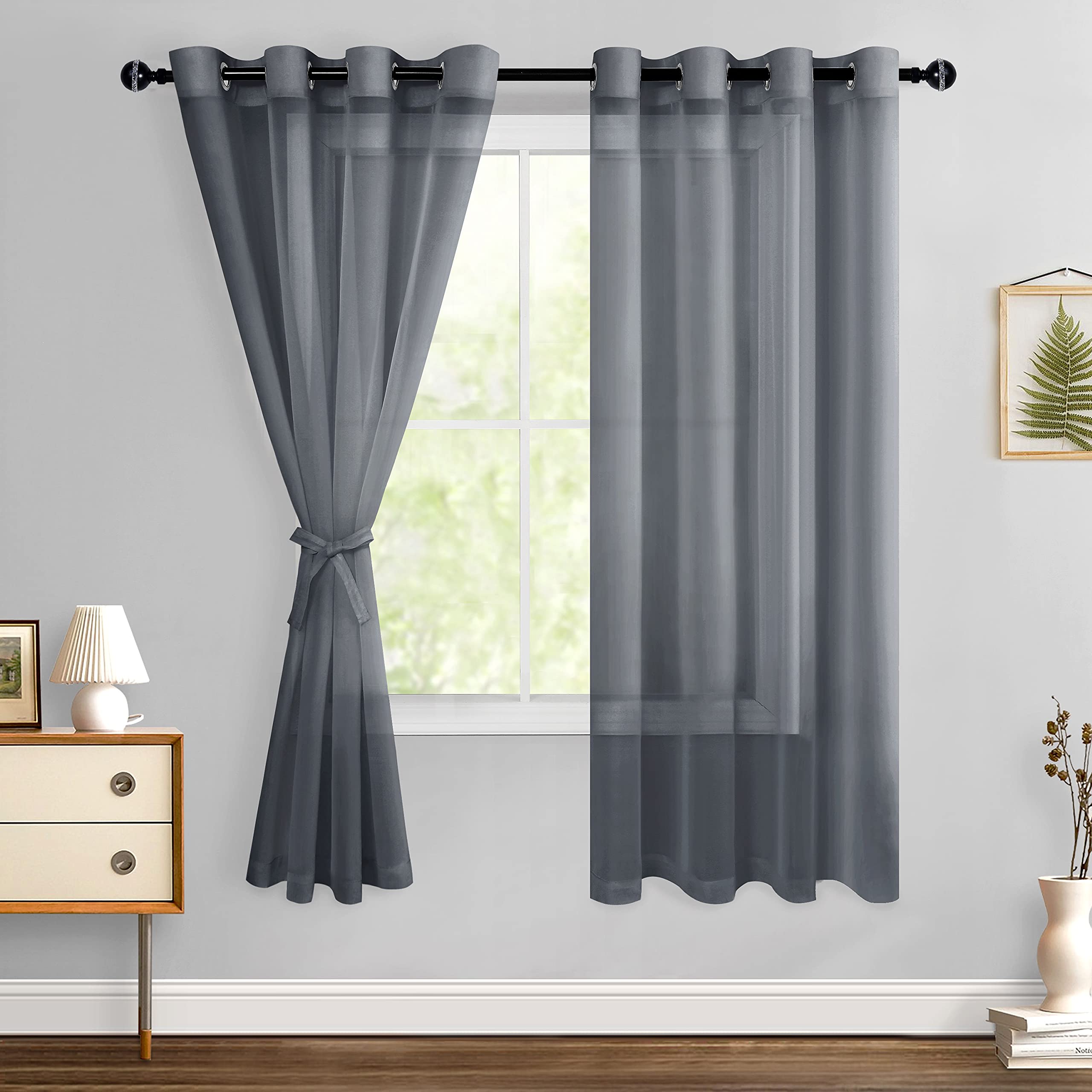 Hiasan Dark Grey Sheer Curtains With Tiebacks, Light Filtering Voile Textured Drape Lightweight Grommet Window Curtains For Bedroom, Living Room And Office, W52 X L72, Set Of 2 Soft Panels