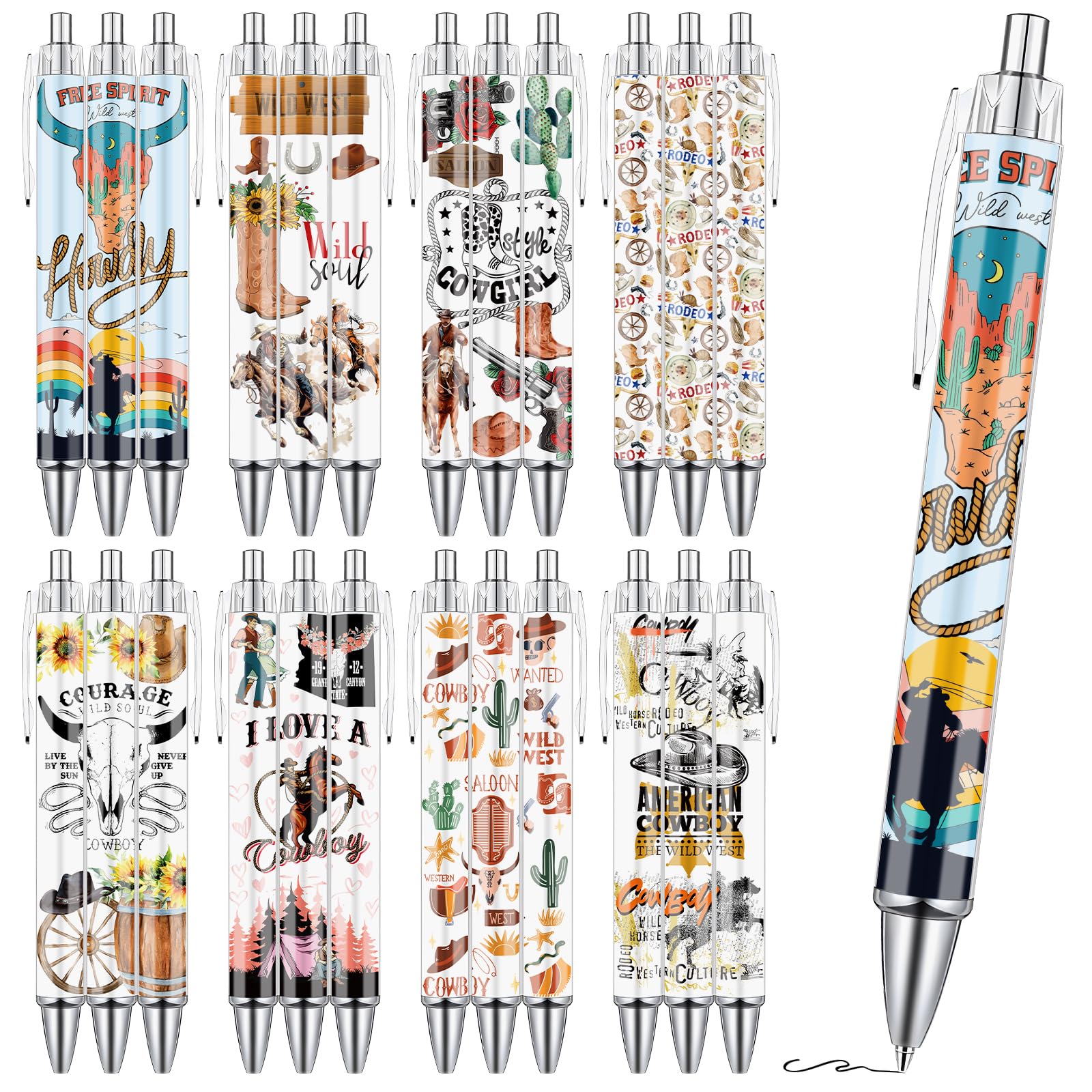 Western Cowboy Ballpoint Pens - 24Pcs Cute Cowboy Print Pens Set Horse Cow Skull Smooth Writing Pens Retractable Boots Hat Pen F