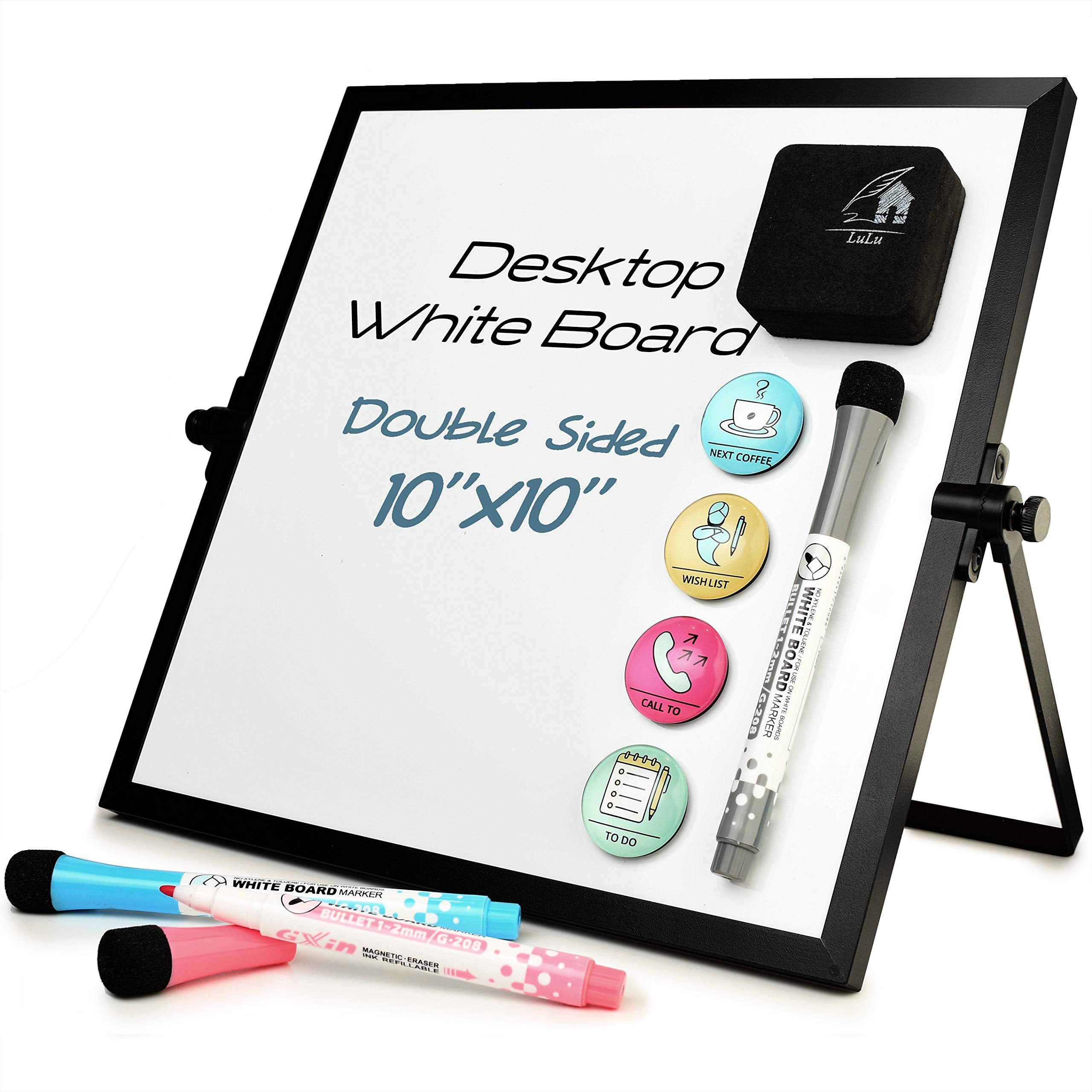 Small Dry Erase White Board 10'X10'- Desktop Whiteboard Black Frame With Stand, 3 Markers, 4 Magnets & Eraser - Double-Sided P