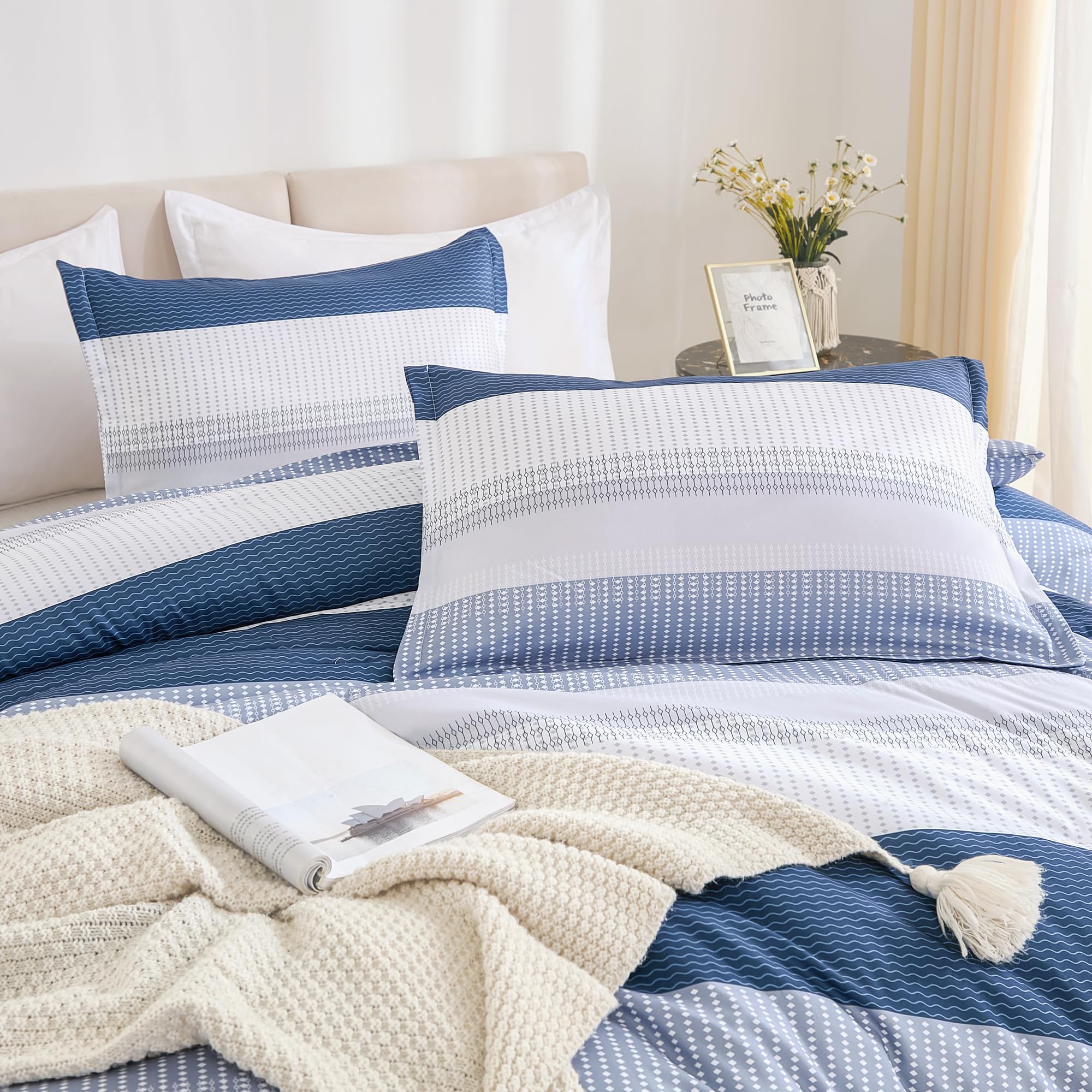 Litanika Mineral Blue Bed Comforter Set Twin/Twin Xl Size, 2 Pieces Lightweight Striped Bedding Comforter Set, Soft All Season D