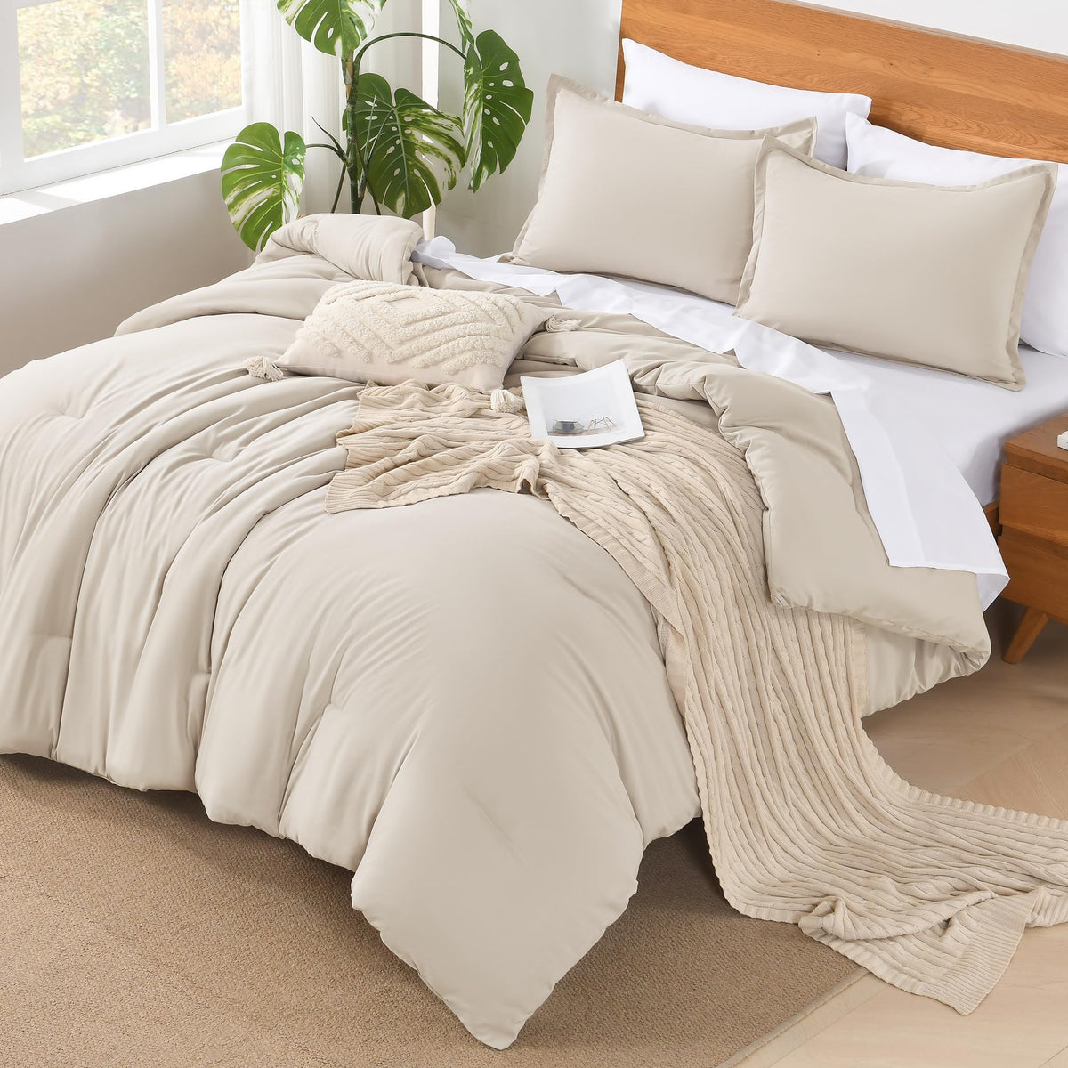 Andency Beige California King Comforter Set - 7 Pieces Cream Bed In A Bag Cal King Bedding Comforter Sets, Summer Solid Soft Lightweight Comforter With Fitted Sheets, Flat Sheets, Pillowcases & Shams