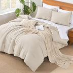 Andency Beige California King Comforter Set - 7 Pieces Cream Bed In A Bag Cal King Bedding Comforter Sets, Summer Solid Soft Lightweight Comforter With Fitted Sheets, Flat Sheets, Pillowcases & Shams