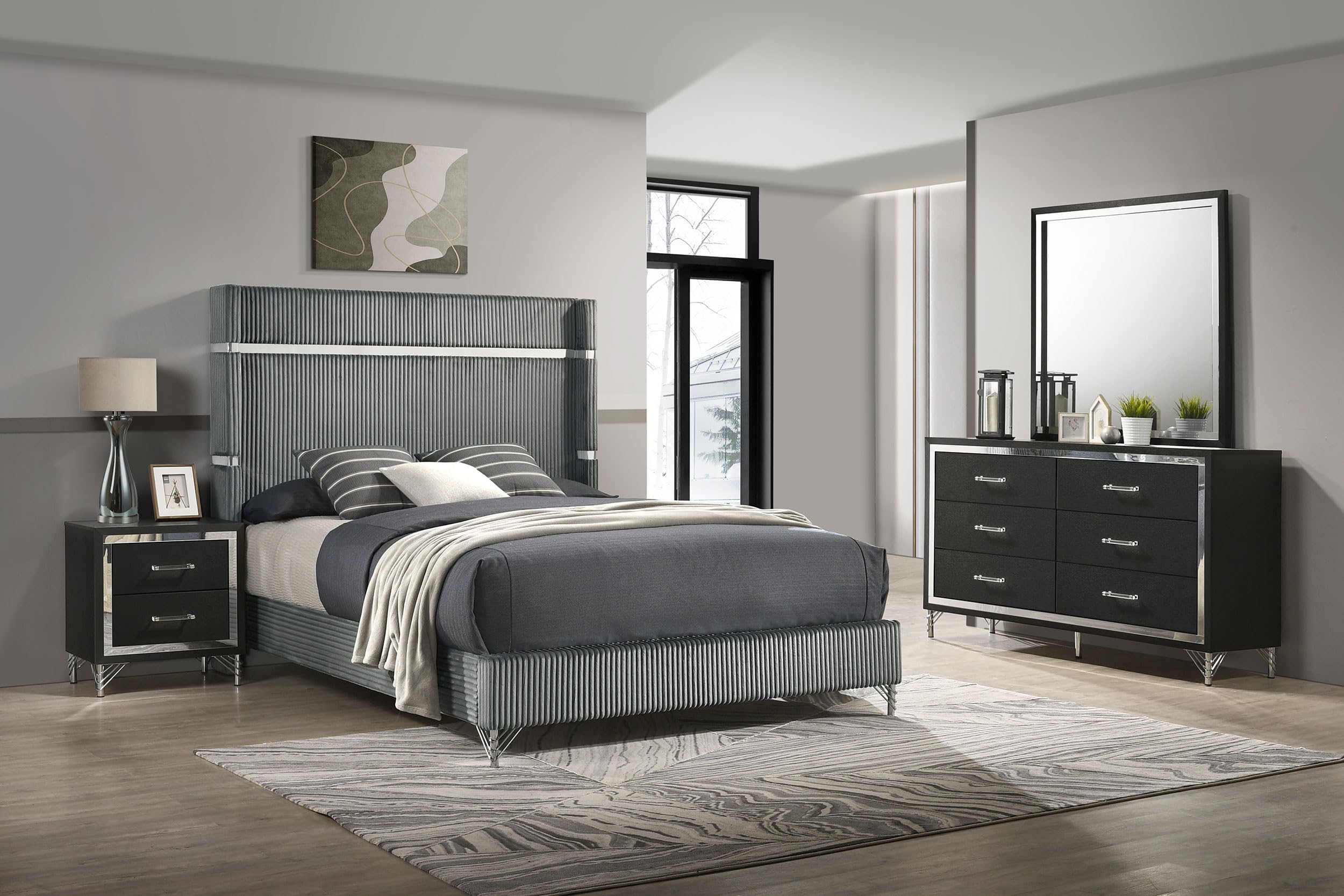 Coaster Home Furnishings Lucia Modern Classic 4-Piece Bedroom Set Velvet Upholstered Queen Size Wingback Bed Frame 61-inch Headboard Grey and Black 224991Q-S4