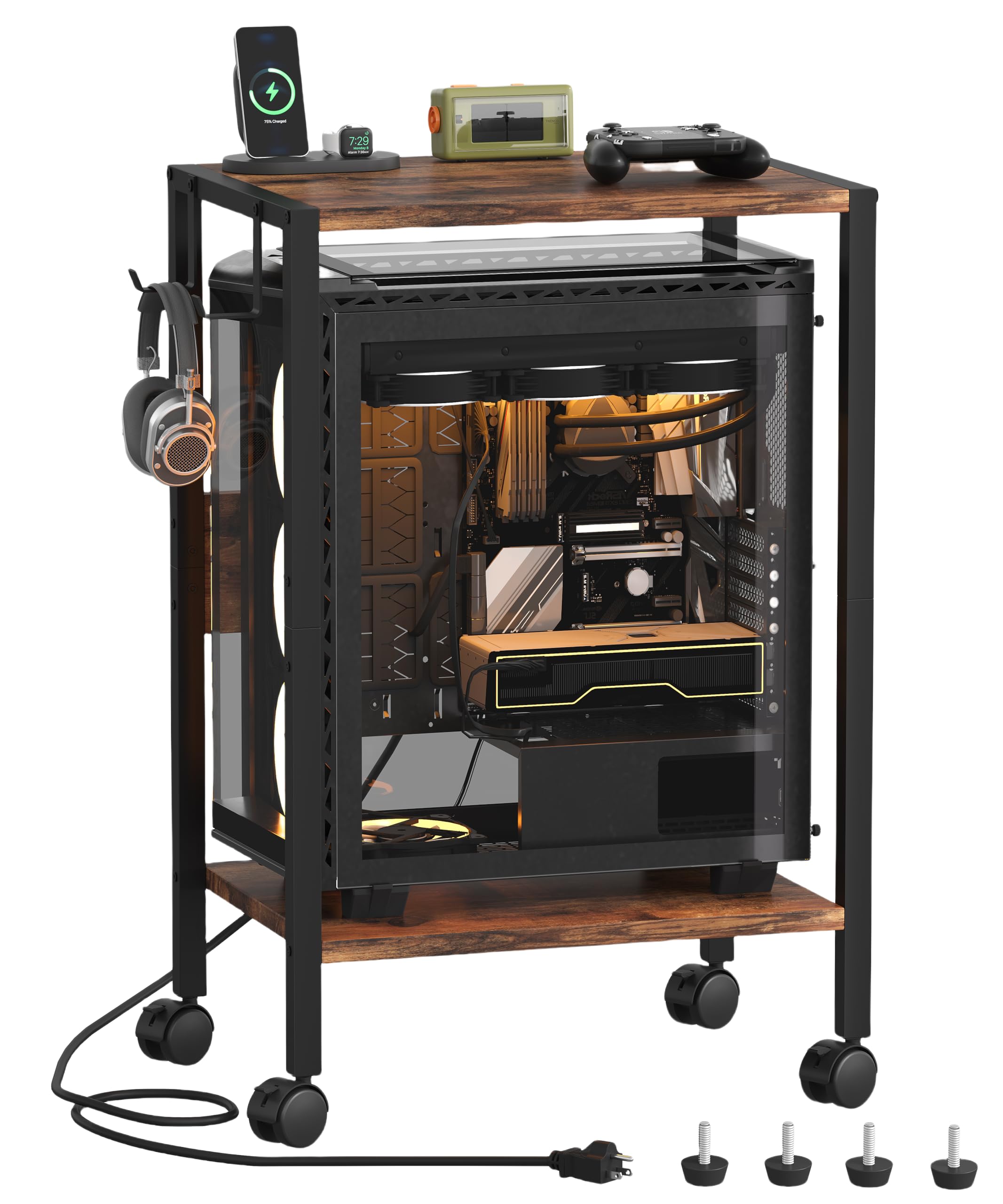 Akxomel Computer Tower Stand With Charging Station And Usb Port, 2 Tier Mobile Floor Pc Stand Fits Under Desk, Rolling Printer C