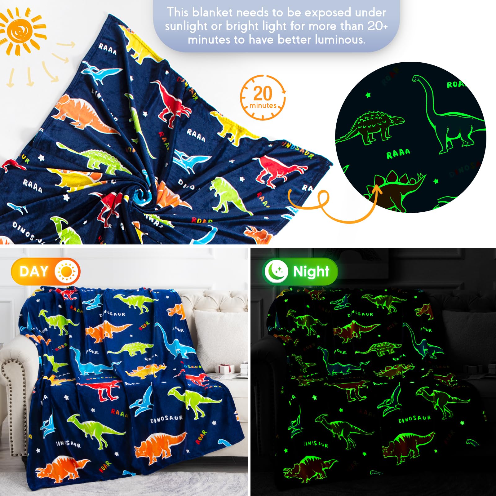 Dinosaur Gifts Toys For Kids Boys - Glow In The Dark Blanket Dino Throw Age 1-13 Years Old Toddler Teen Son Girls Present Birthd