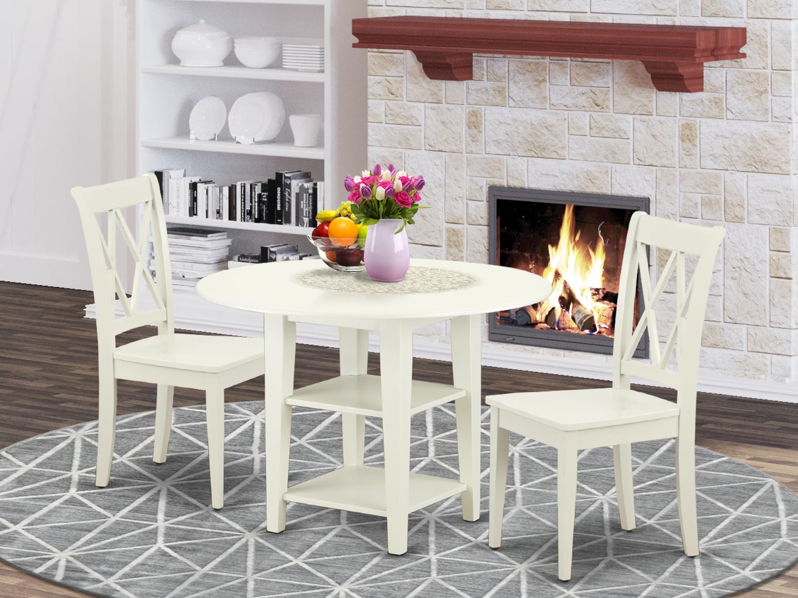 East West Furniture Sucl3-Lwh-W 3 Piece Dining Room Furniture Set Contains A Round Kitchen Table With Dropleaf & Shelves And 2 Dining Chairs, 42X42 Inch, Linen White