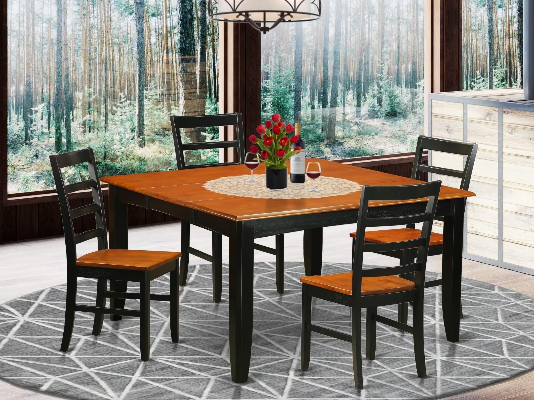 East West Furniture PARF5-BCH-W 5 Piece Modern Dining Table Set Includes a Square Wooden Table with Butterfly Leaf and 4 Dining Room Chairs, 54x54 Inch, Black & Cherry