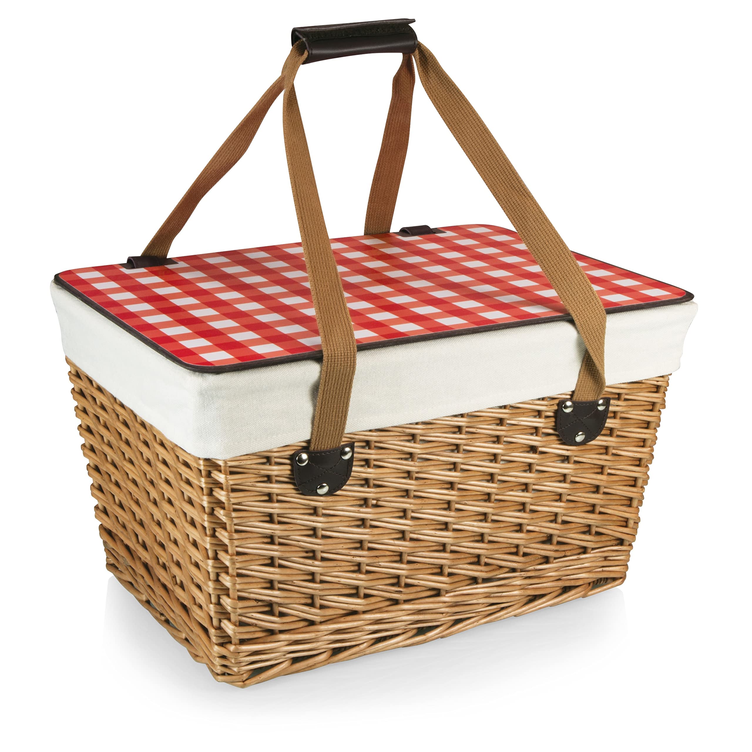 Picnic Time Canasta Wicker Picnic Basket With Lid, Small Picnic Basket For 2, Beige Canvas With Red & White Gingham Pattern Lid