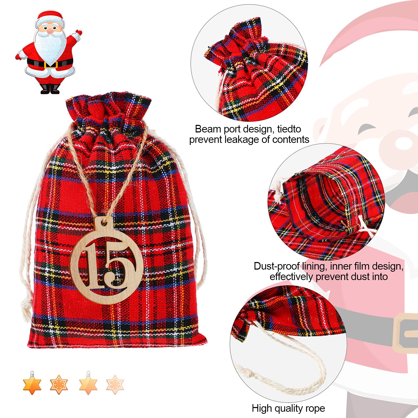 Christmas 24 Days Advent Calendar Xmas Countdown Wooden Numbers With 24 Pieces Buffalo Check Drawstring Christmas Bags For Party