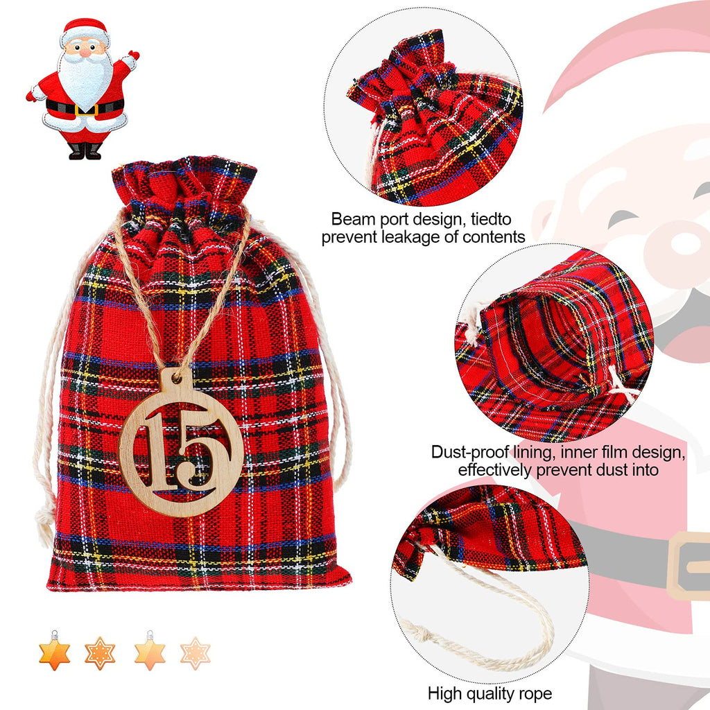 Christmas 24 Days Advent Calendar Xmas Countdown Wooden Numbers With 24 Pieces Buffalo Check Drawstring Christmas Bags For Party