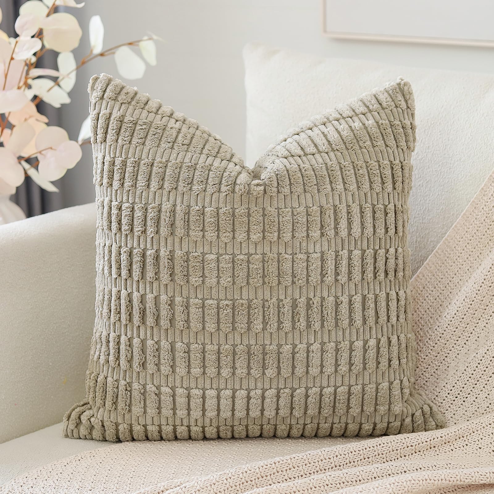 Otostar Corduroy Decorative Throw Pillow Covers 16X16 Inch Super Soft Boho Striped Square Pillow Covers Case Modern Cushion Covers For Sofa Couch Bedroom Car Decor Khaki
