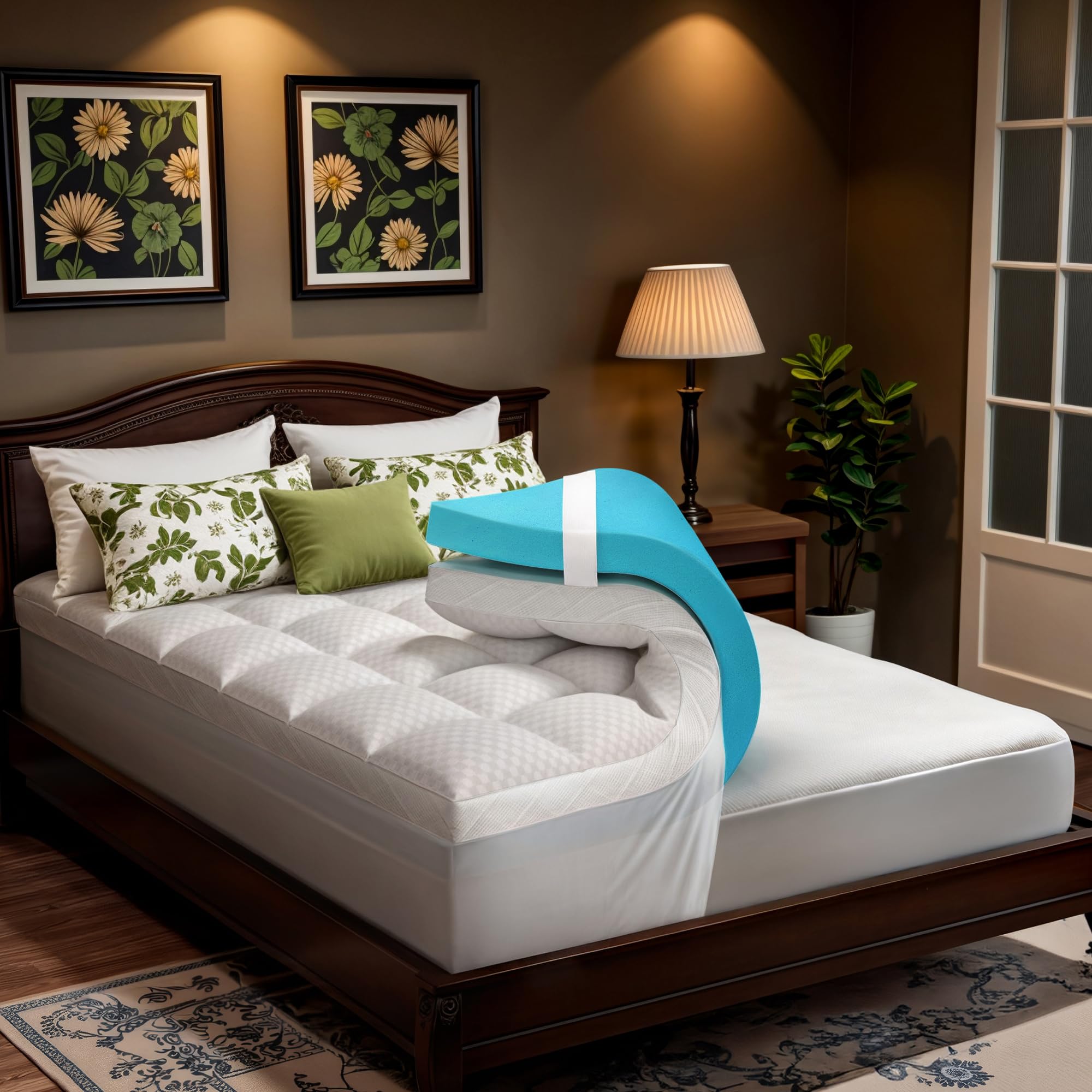 Dual Layer Memory Foam Mattress Topper For Pain Relief With 2X Support, 2' Fluffy Pillow Top King Mattress Topper Plus 2' Odor