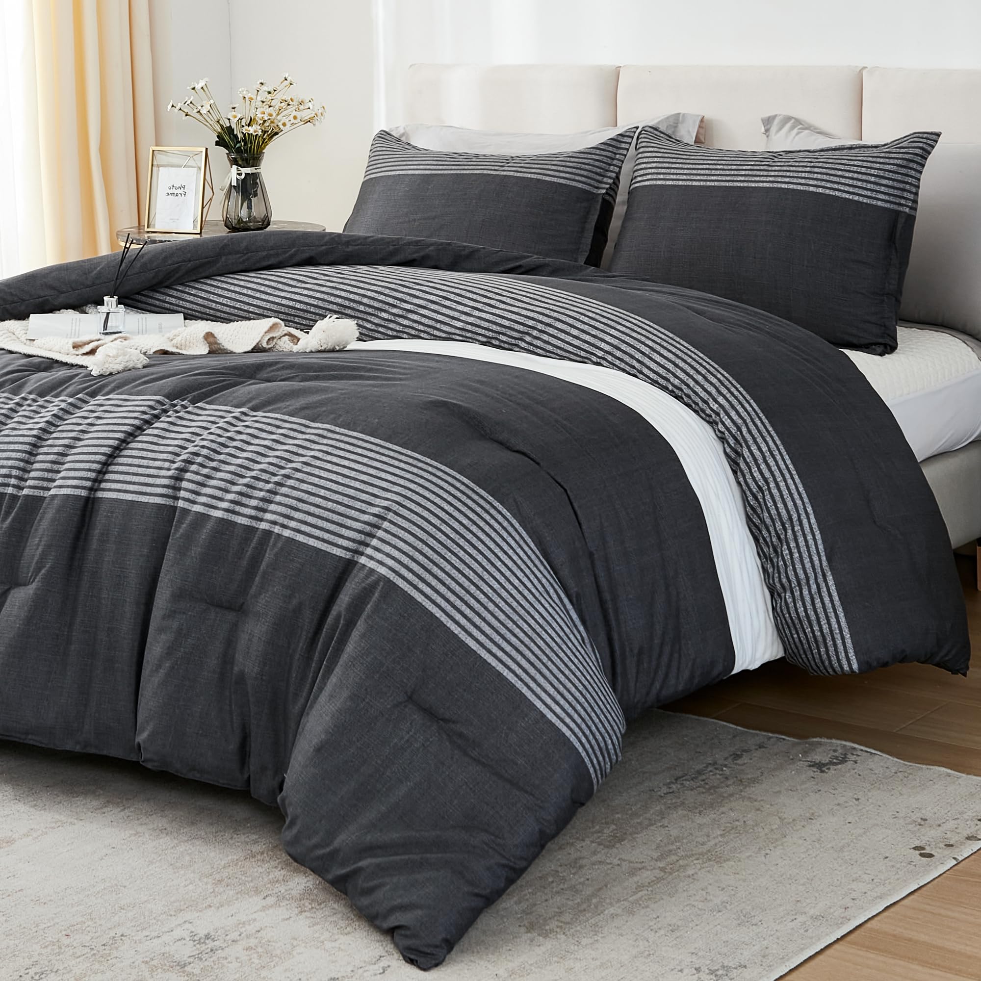 Litanika Oversized King Comforter Set Black White Grey 120X98-3 Pieces Lightweight Colorblock Stripe Fluffy Bedding Comforter Se