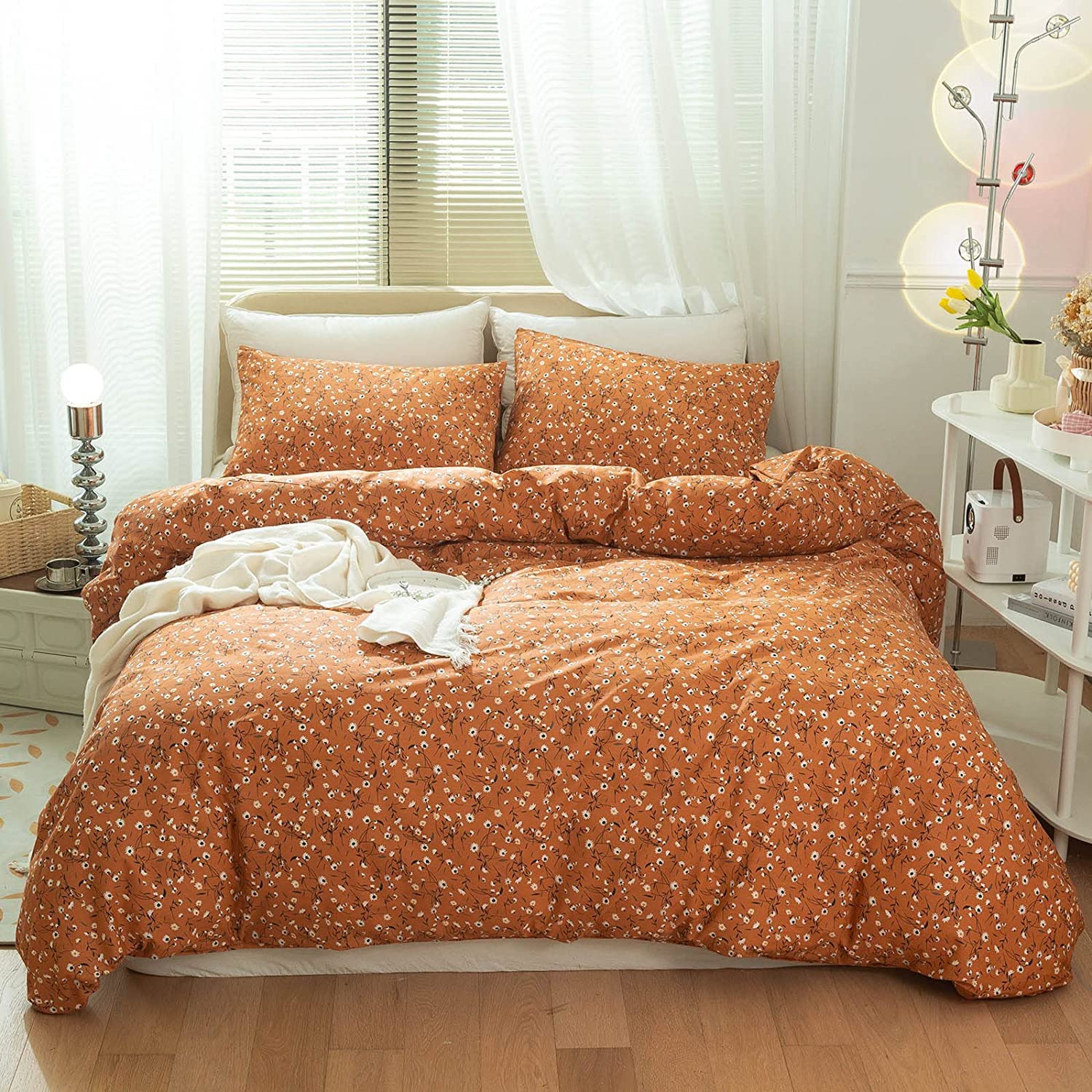 Lifetb Pumpkin Caramel Floral Duvet Cover Twin Shabby Chic Rust Color Flower Bedding Sets Burnt Orange Floral Comforter Cover Bo