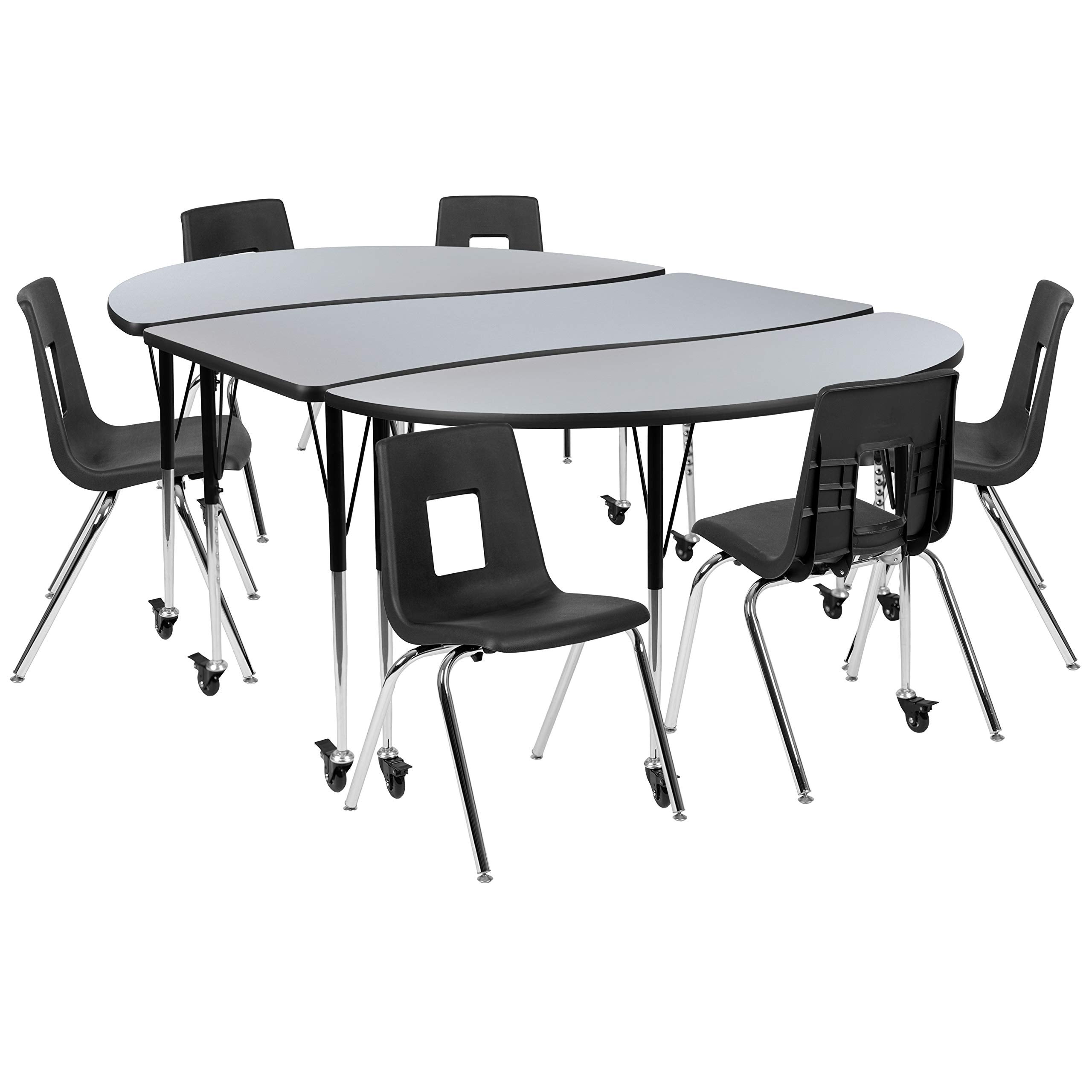 Flash Furniture Mobile 86' Oval Wave Collaborative Laminate Activity Table Set With 18' Student Stack Chairs, Grey/Black