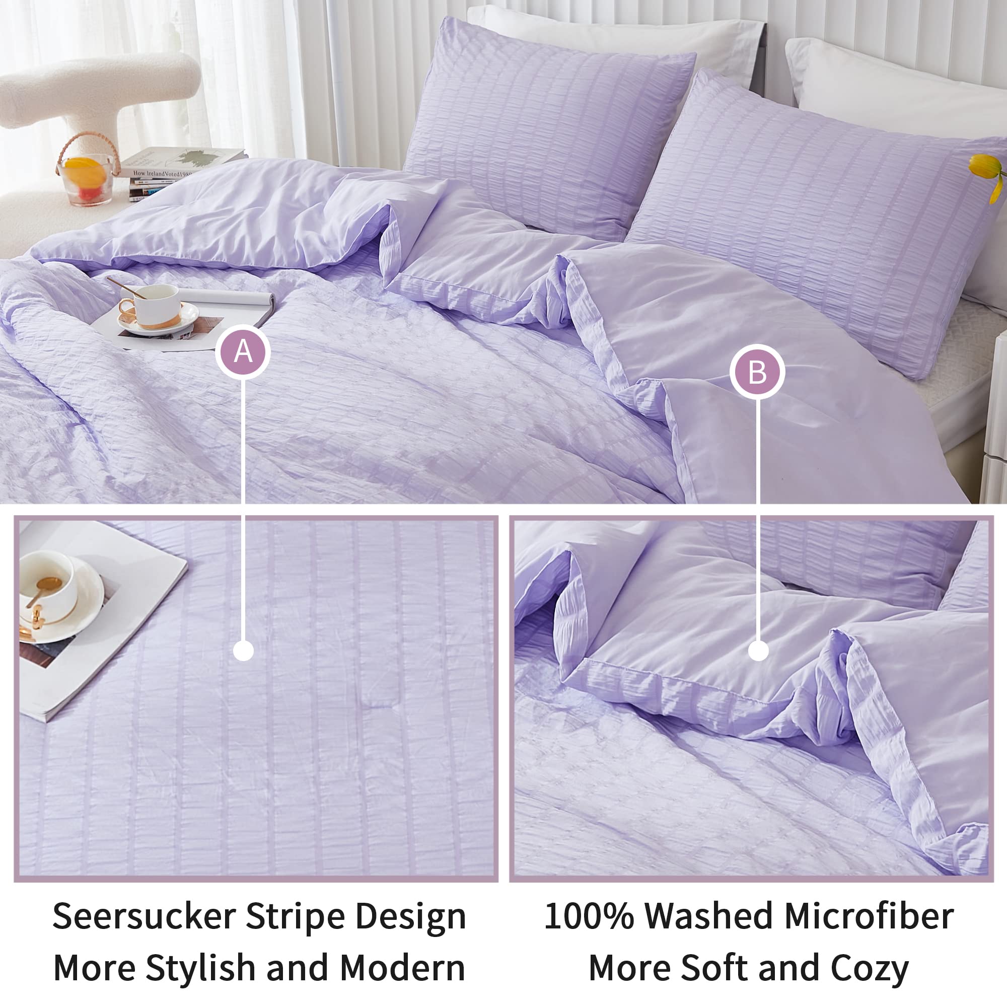 Avelom Lavender Purple Seersucker Comforter Set, California King, 104X96, 3 Pieces
