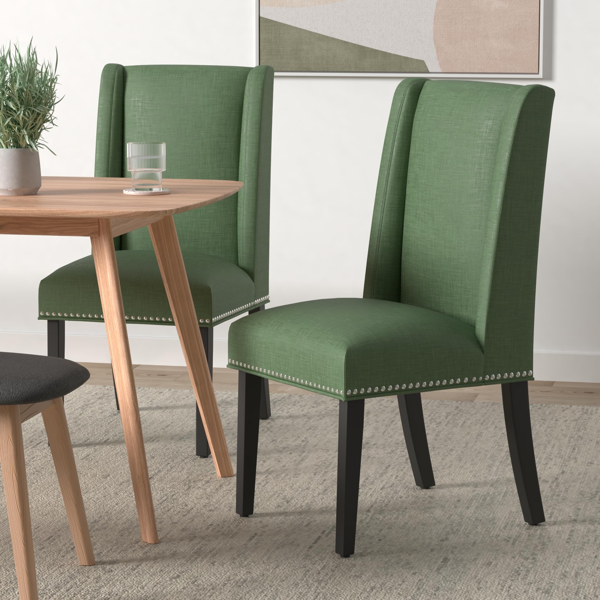 Modway Baron Modern Tall Back Wood Upholstered Fabric Two Dining Chairs In Green