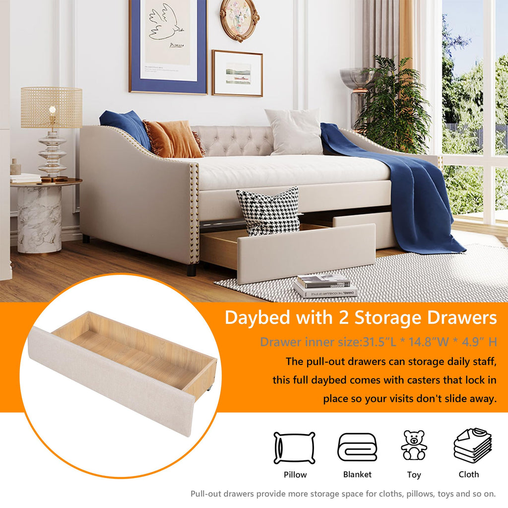 Flieks Upholstered Full Daybed With Two Storage Drawers, Full Size Button Tufted Sofa Bed Daybed With Nailhead Trim And Wood Slat Support (Beige Fabric)