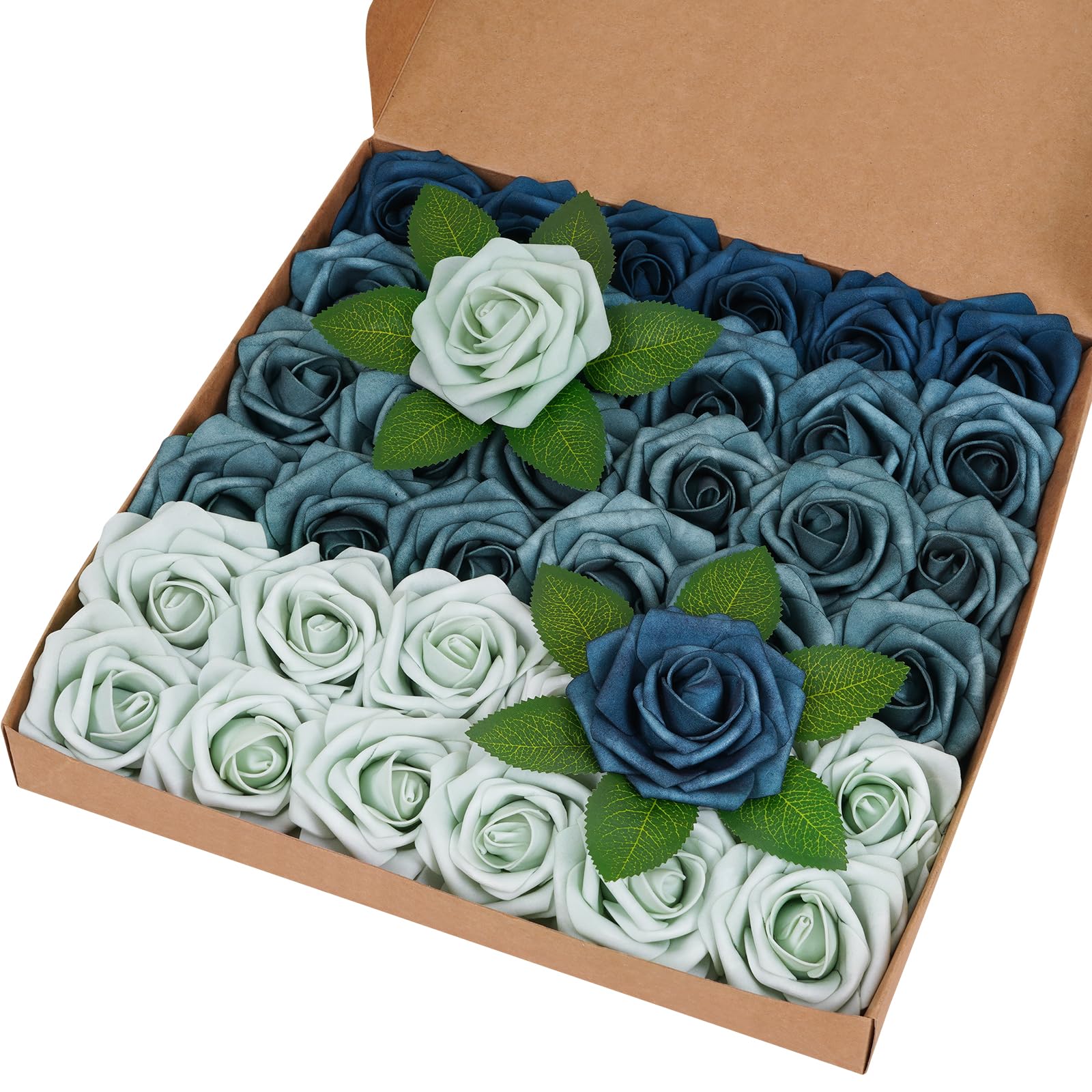 BLEUM CADE 36Pcs Artificial Flowers Fake Roses with Stems, Gradient Blue Boxed Foam Roses for DIY Bouquets Centerpieces Wedding 