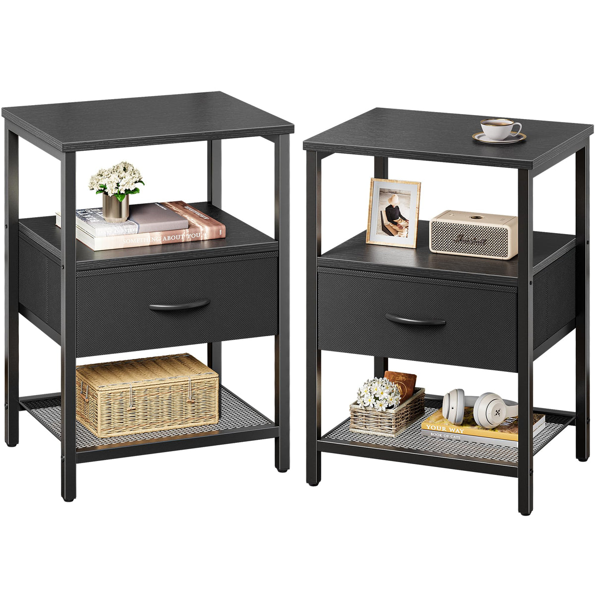 Huuger Nightstand Set of 2, Night Stand with Fabric Drawer, Mesh Shelf, Side Table with Storage, Fabric Drawer Dresser, Open She