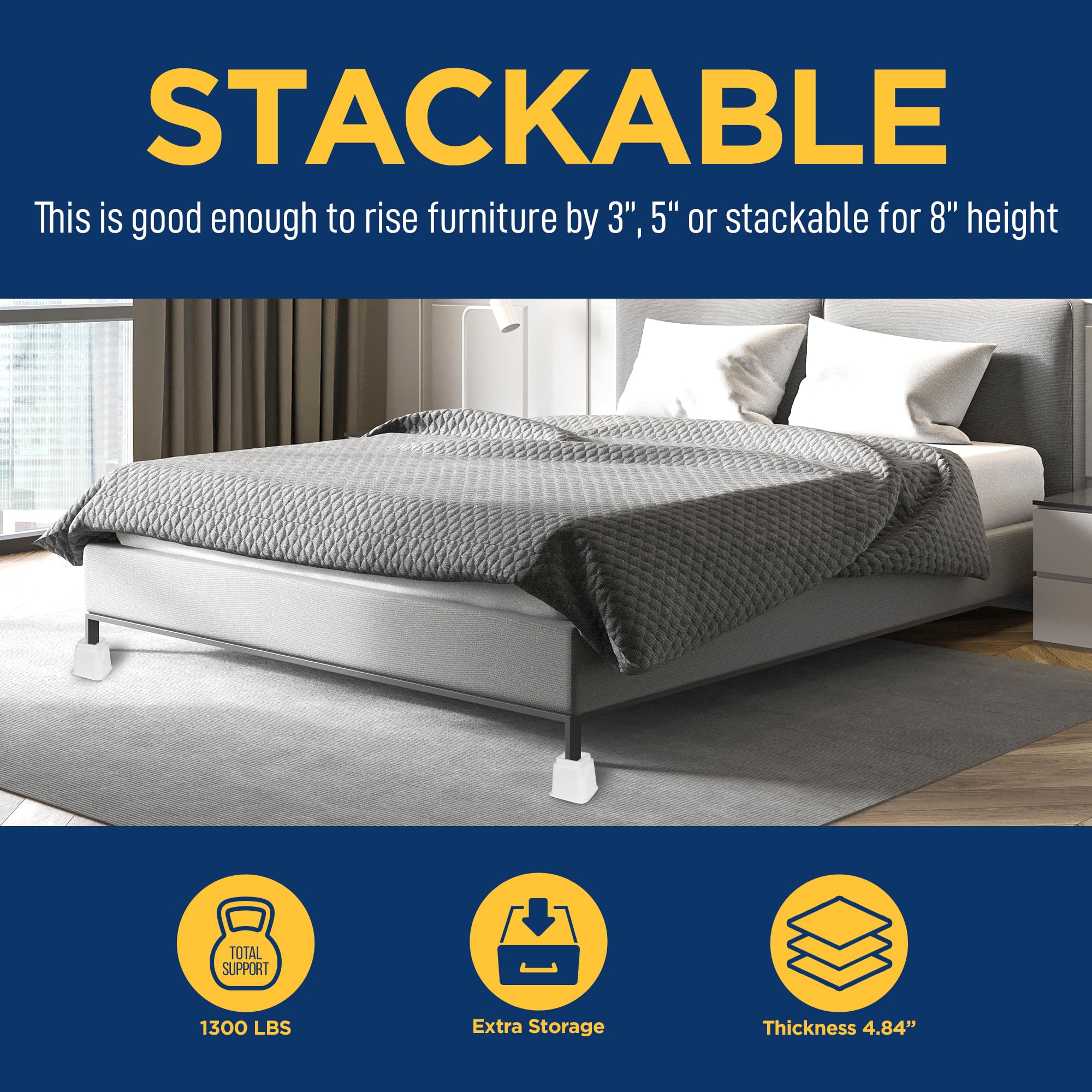 Lifemaster 16Pcs Adjustable Bed Risers - 3.5 Inch Heavy Duty Furniture Lifts For Sofa, Couch - Creates Under Bed Storage, Sup Po