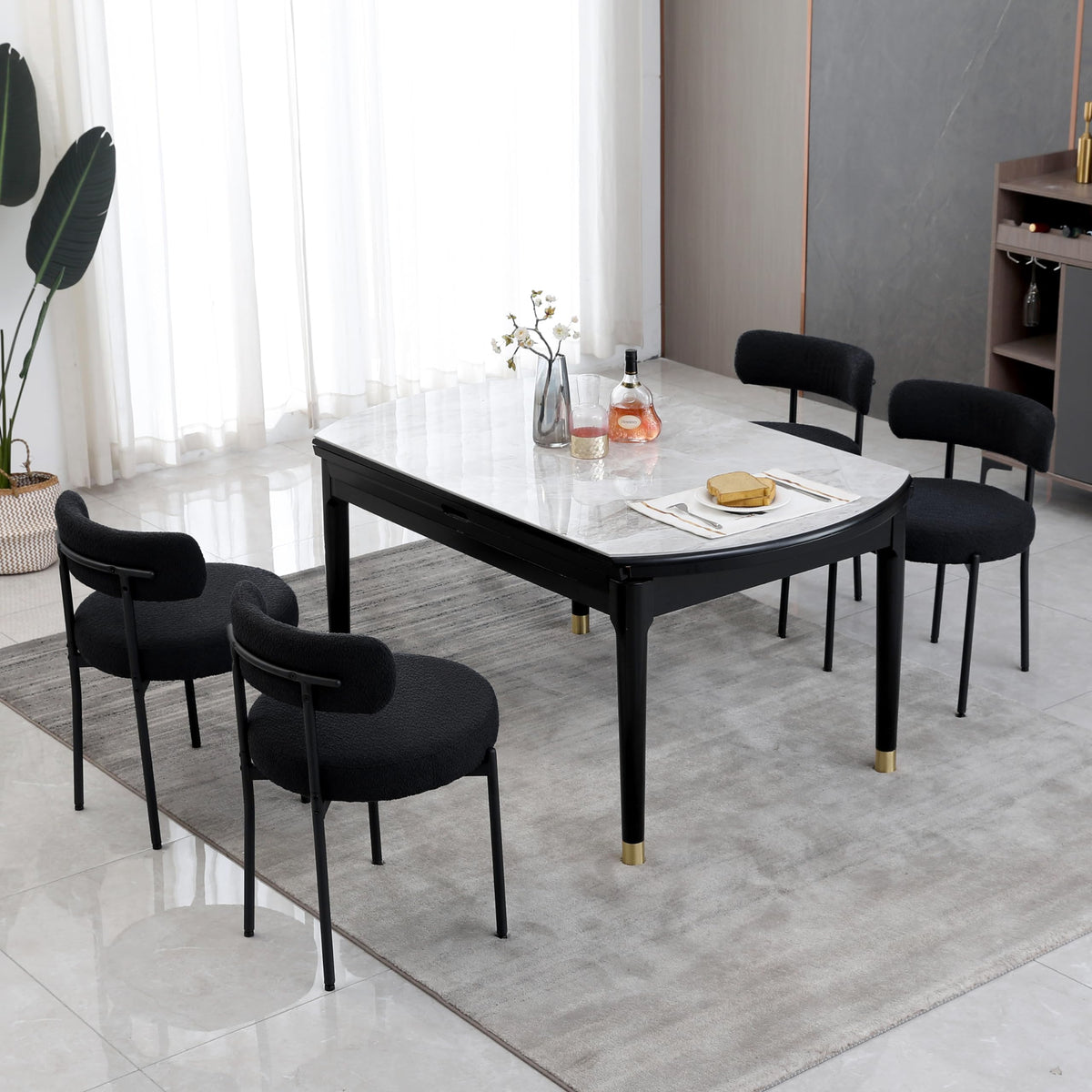 Dyhome Black Boucle Dining Chairs Set Of 4, Modern Upholstered Dining Chairs With 4' Thick Cushion And Sturdy Metal Legs For Di