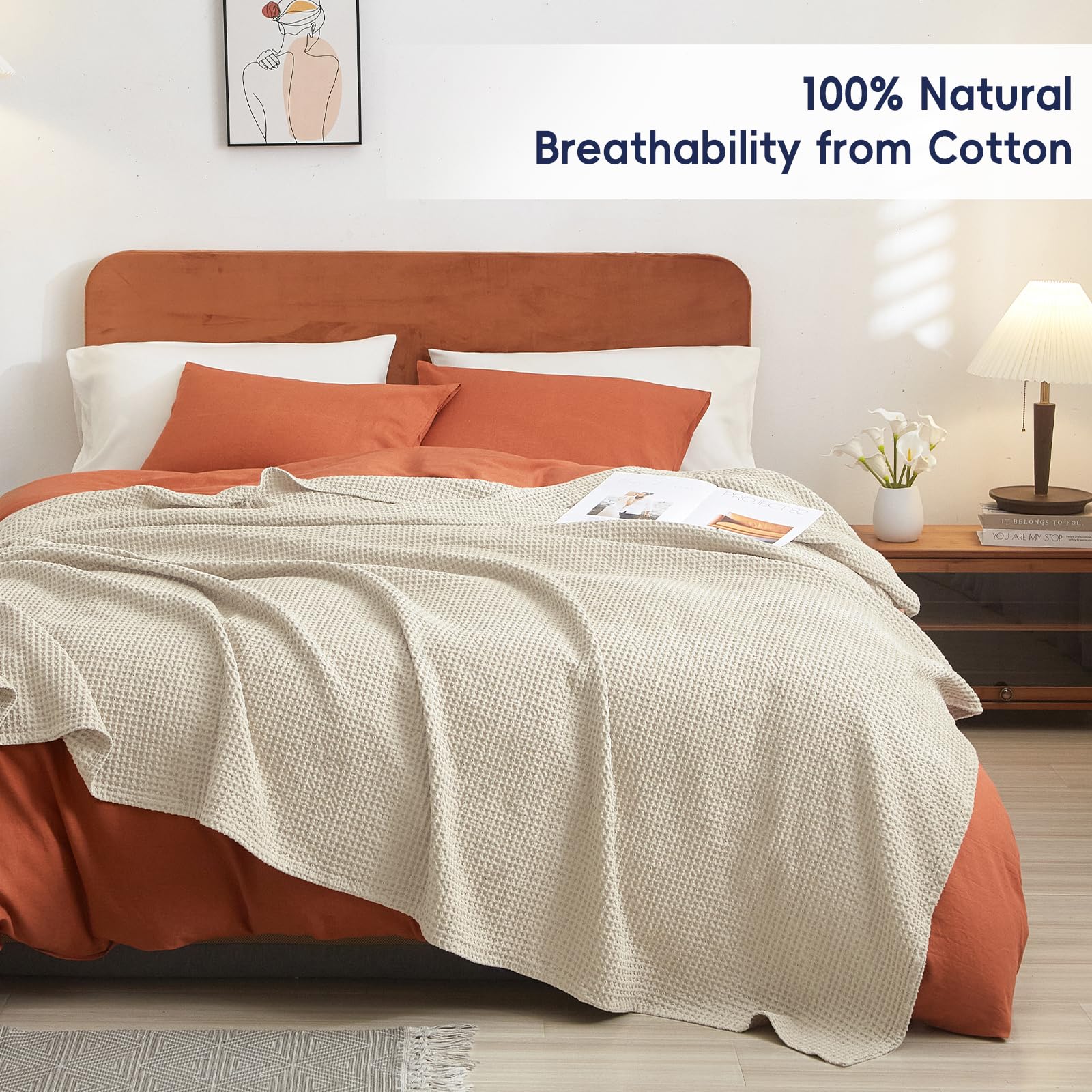 Phf 100% Cotton Waffle Weave Blanket Queen Size 90'X90' - Lightweight Cozy Washed Soft Breathable Throw - Great Layer For Couch Bed Sofa - Elegant Aesthetic Home Decoration Gift-Linen
