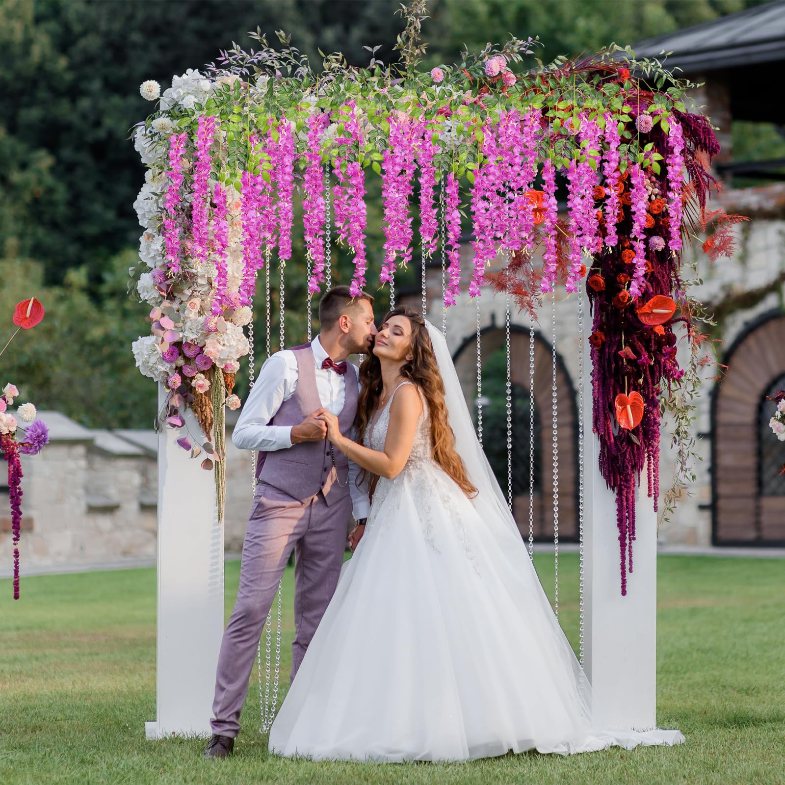12 Pack Purple Red Wisteria Hanging Flowers Garland, 3.77 Ft Purple Red Artificial Wisteria Flower Vines, Fake Purple Red Wister