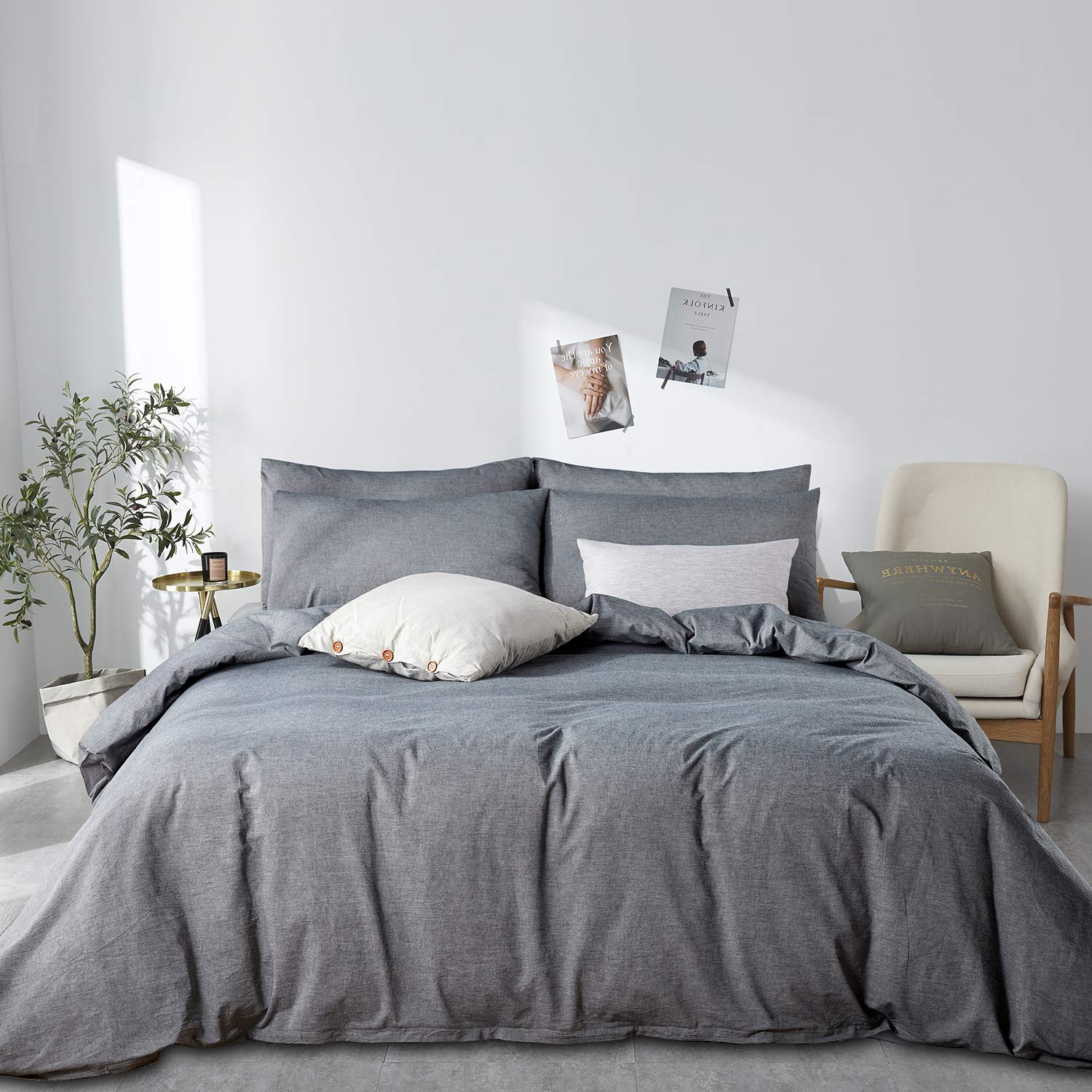 Jellymoni Black 100% Washed Cotton Duvet Cover Set, 3 Pieces Ultra Soft Bedding Set With Zipper Closure. Solid Color Pattern Duv