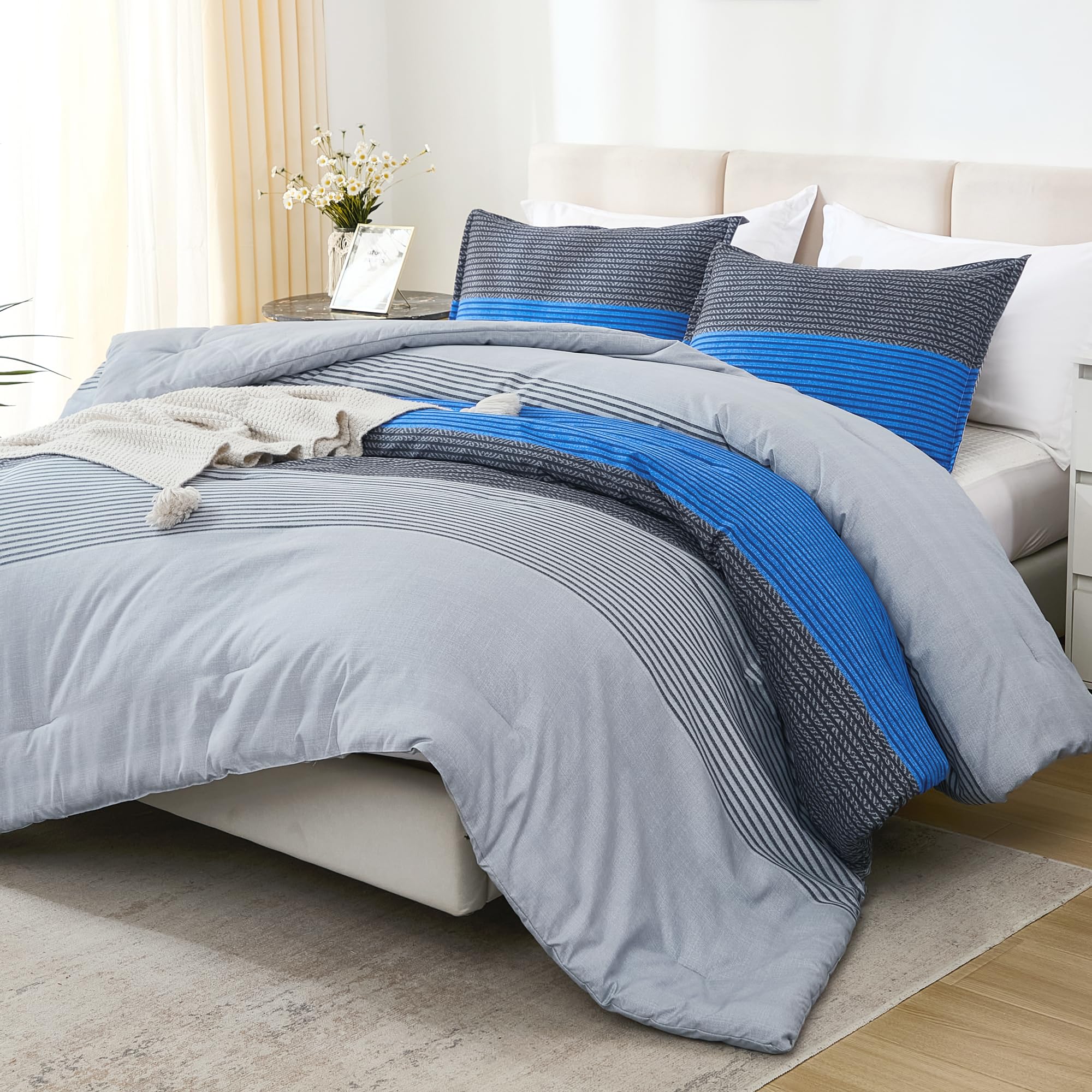 Litanika Blue Grey Bed Comforter Twin Set, Xl Twin Comforter Boys Men Striped Bedding Comforter Set, 2 Pieces Lightweight Soft A