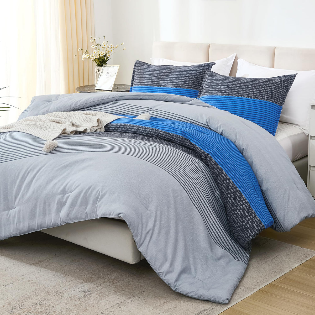 Litanika Bed Comforter King Set Grey Blue, Striped Bedding Comforter Set, 3 Pieces Lightweight Soft All Season Down Alternative